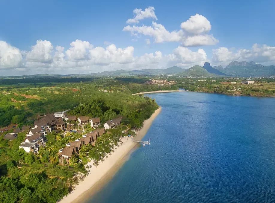 Aerial view of Le Jadis Beach Resort & Wellness along the shore of Turtle Bay, Balaclava, Mauritius