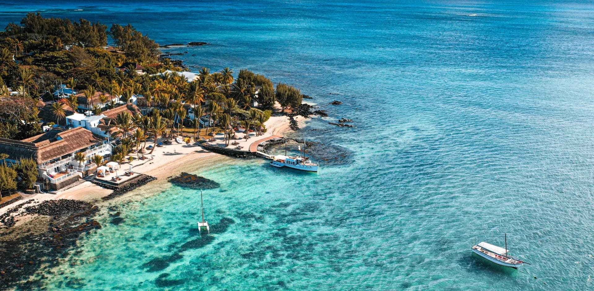 Aerial view of La Maison 20 Degrés Sud on the Grand Baie lagoon, Mauritius