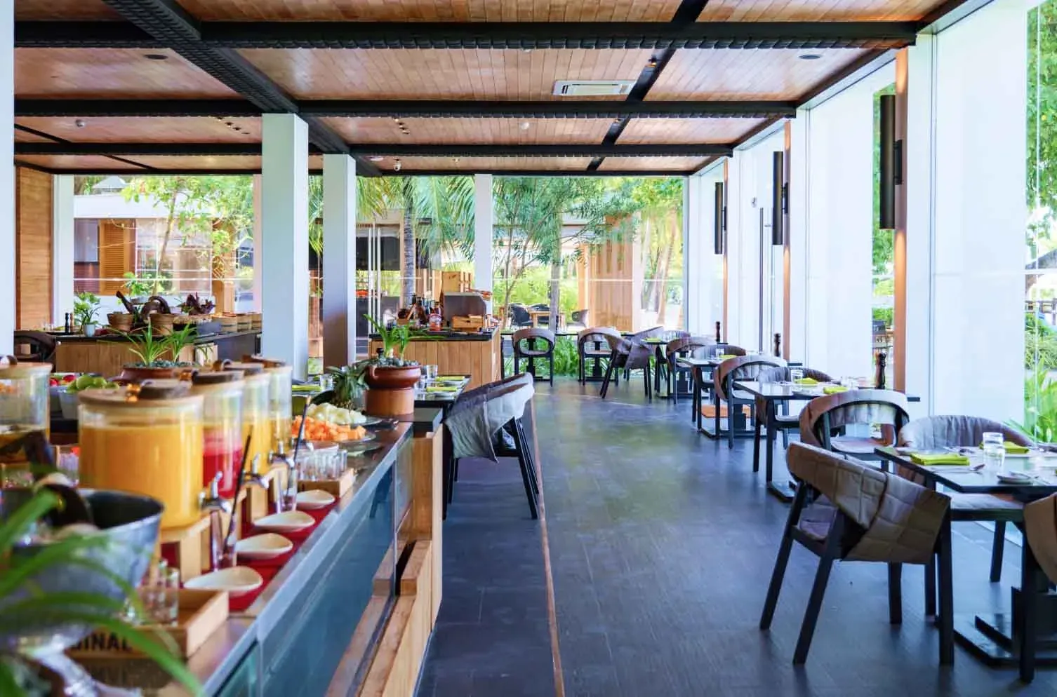 FRESH restaurant breakfast buffet overlooking the pool at Amilla Maldives
