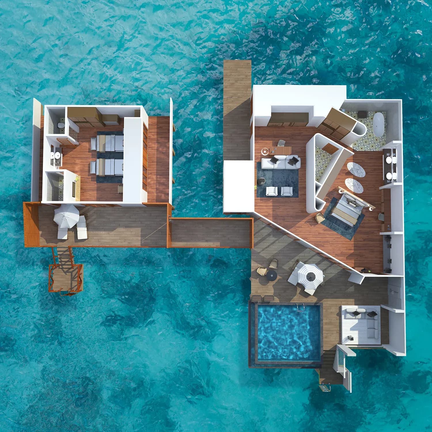 Overhead layout of a Family Water Pool Villa showing bedroom, living area and pool deck at Amilla Maldives