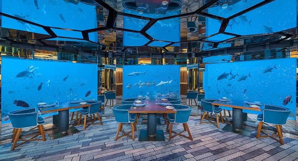 Interior of SEA, the underwater restaurant at Anantara Kihavah Maldives Villas
