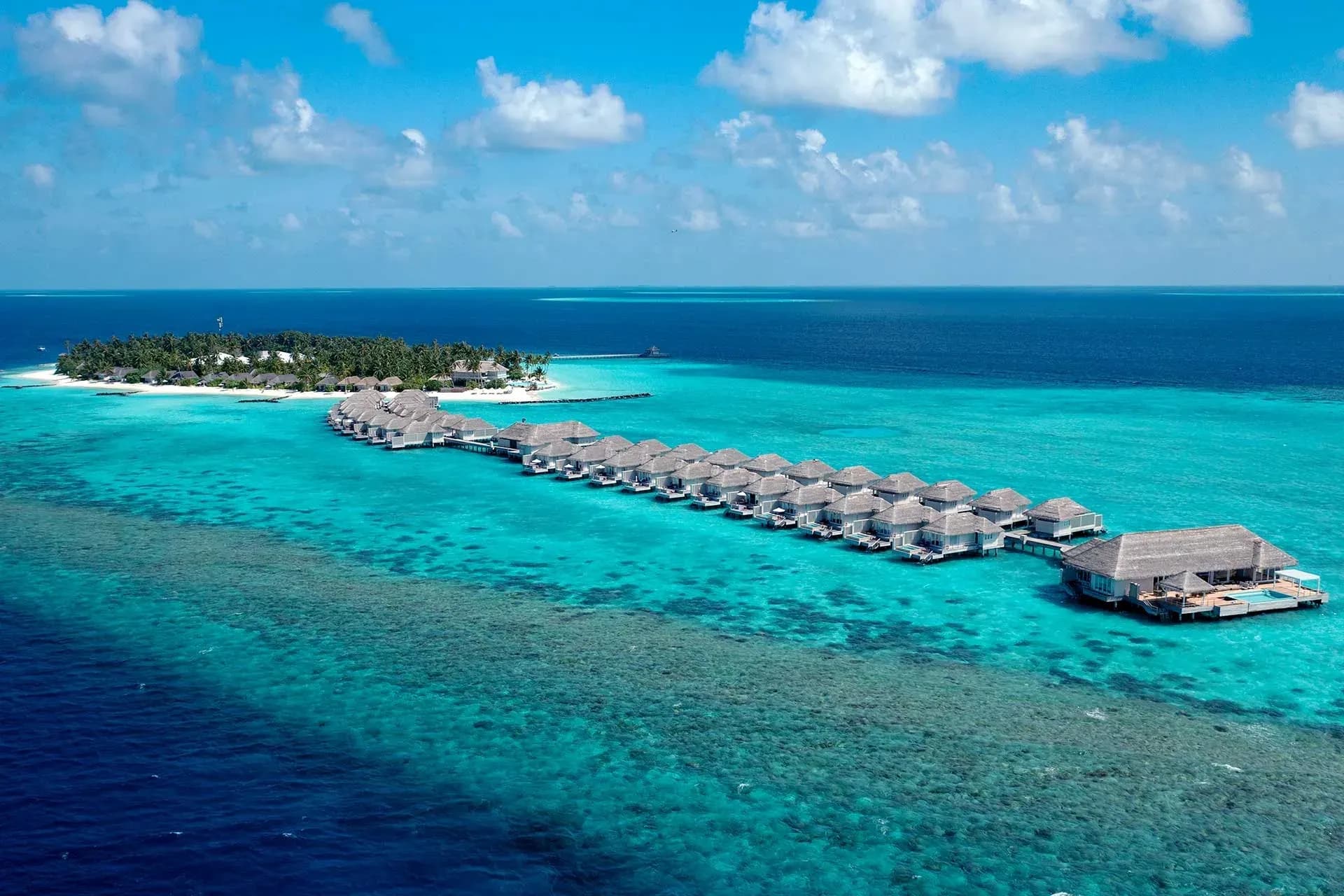 Aerial view of Baglioni Resort Maldives island and lagoon, Dhaalu Atoll