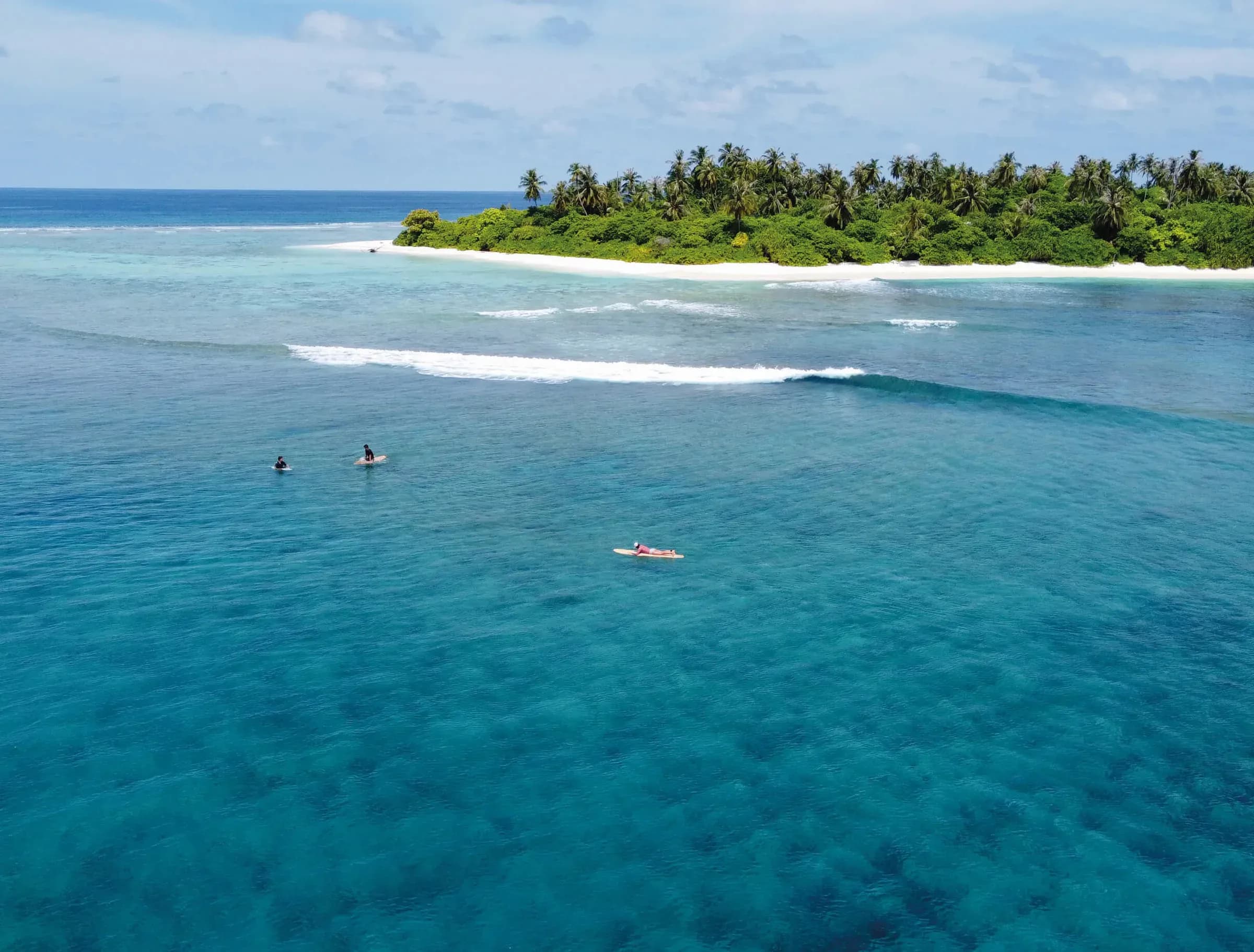 Surfers waiting for a wave off a palm-fringed island near COMO Maalifushi, Thaa Atoll
