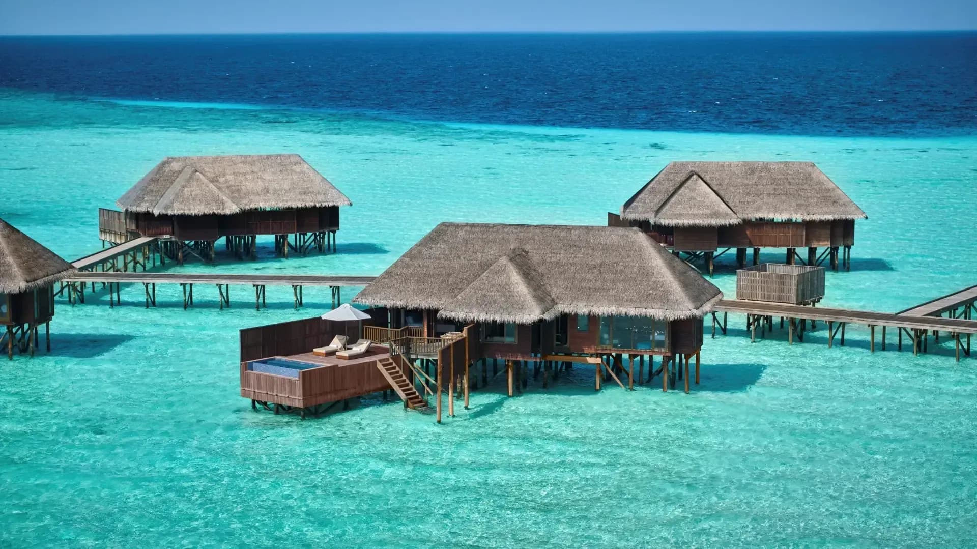 Aerial view of the 2-Bedroom Grand Water Villa with Pool at Conrad Maldives Rangali Island