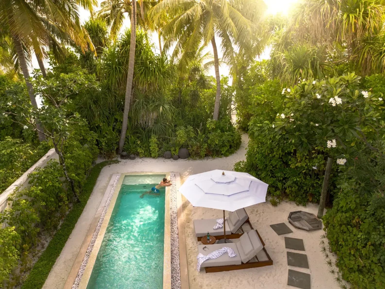 Aerial view of the private pool at the 3-Bedroom Beach Suite with Pool, Conrad Maldives Rangali Island