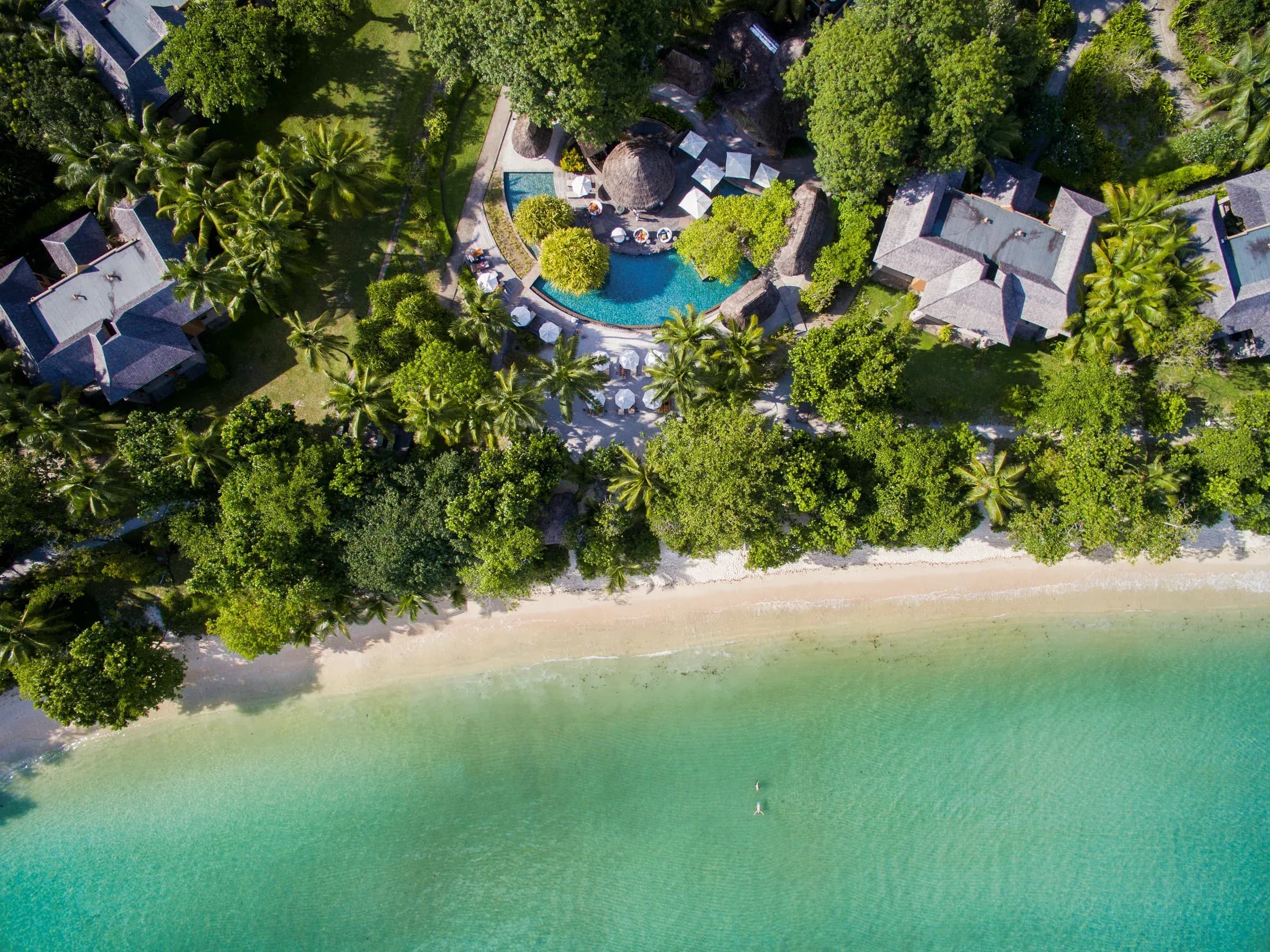 Aerial view of Constance Ephelia's resort grounds and coastline, Port Launay, Mahé