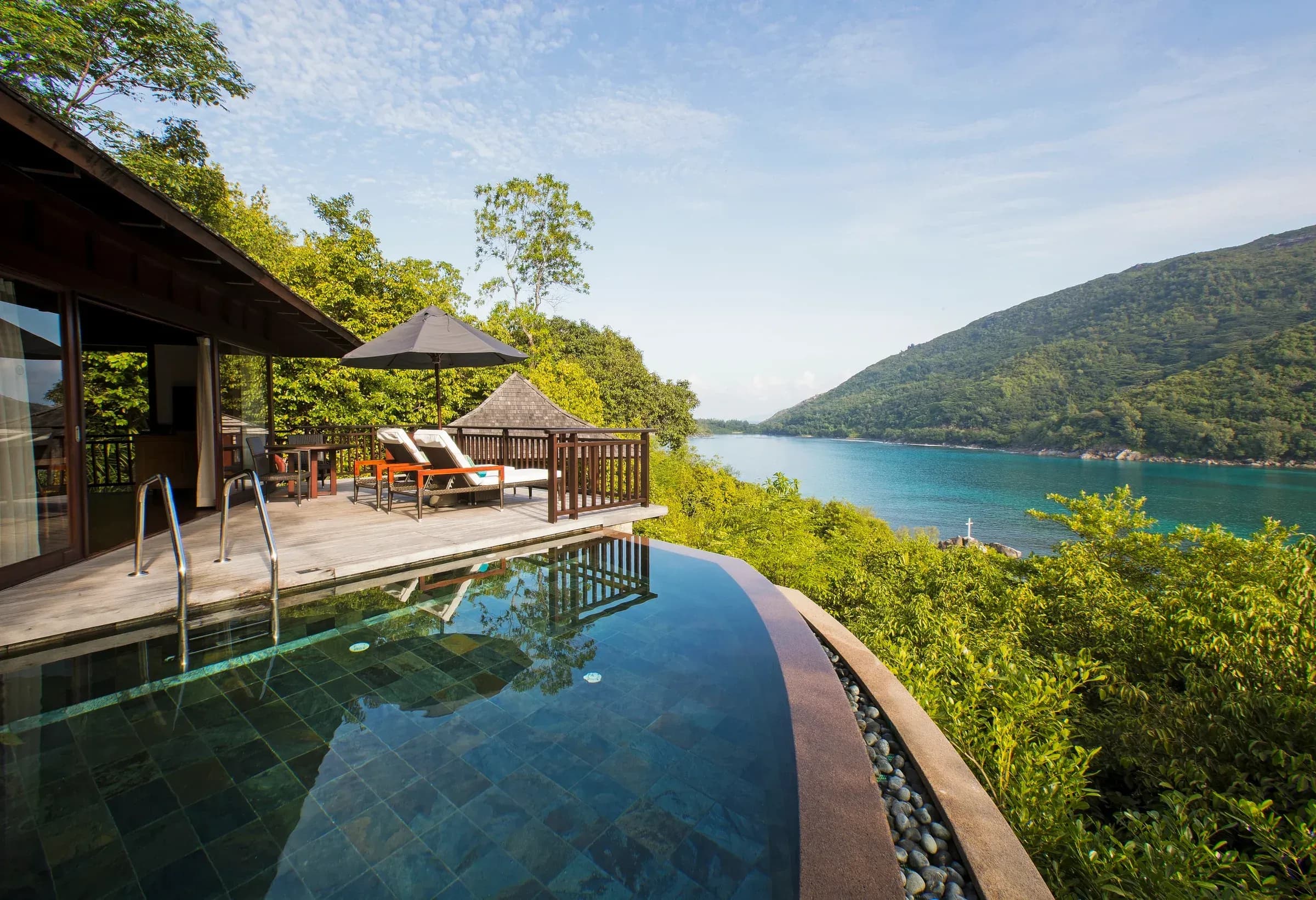 Hillside Villa with infinity pool overlooking Port Launay Marine Park at Constance Ephelia