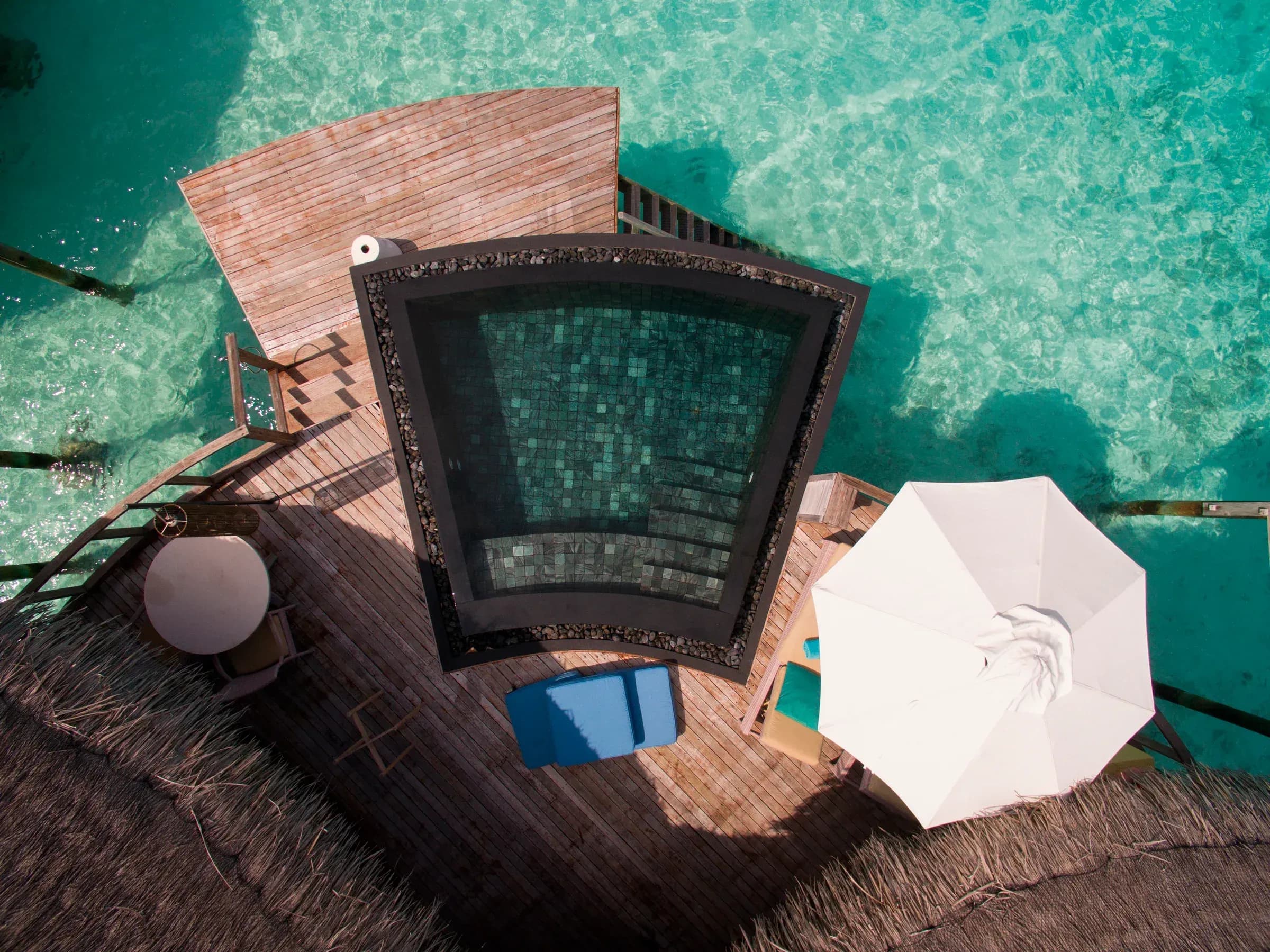 Aerial view of Constance Halaveli's beach, jetty and lagoon, North Ari Atoll