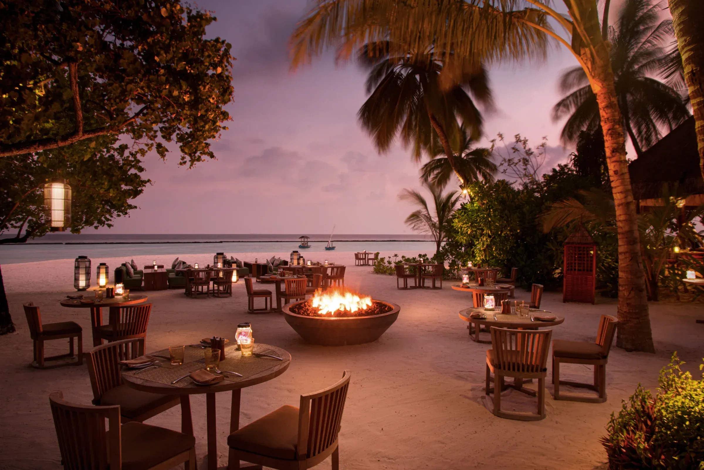 Meeru Beach Grill beachfront dining at sunset, Constance Halaveli