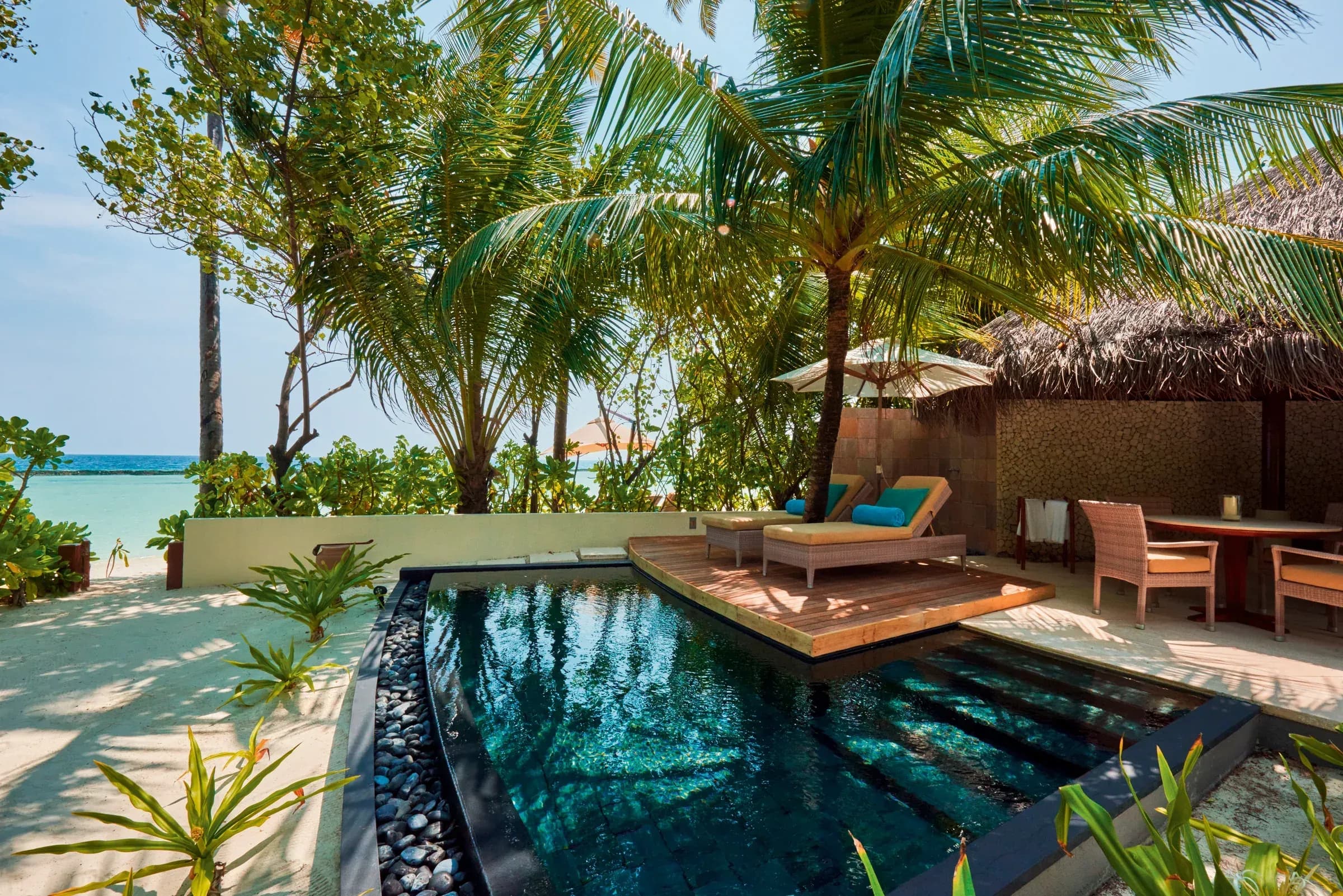 Beach Villa exterior and private pool at Constance Halaveli