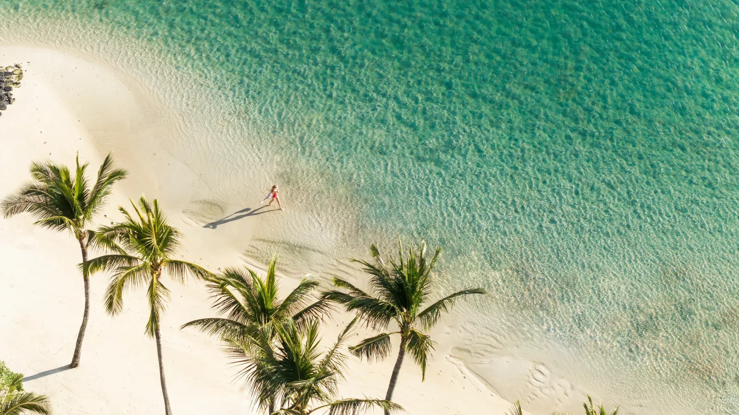 Aerial view of the beach and turquoise lagoon at Constance Prince Maurice, Mauritius