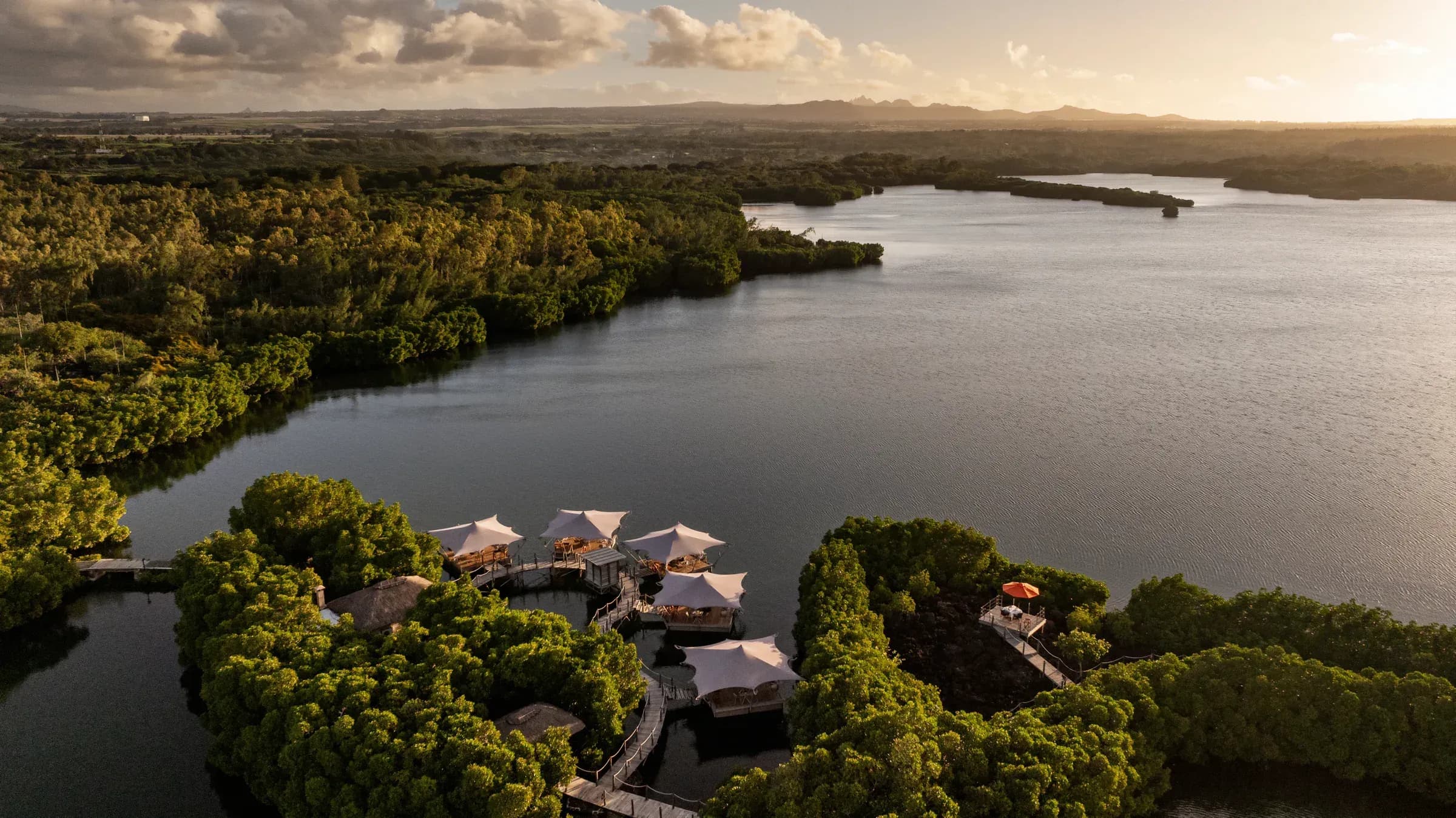 Aerial view of Constance Prince Maurice's shoreline and gardens on Mauritius' northeast coast