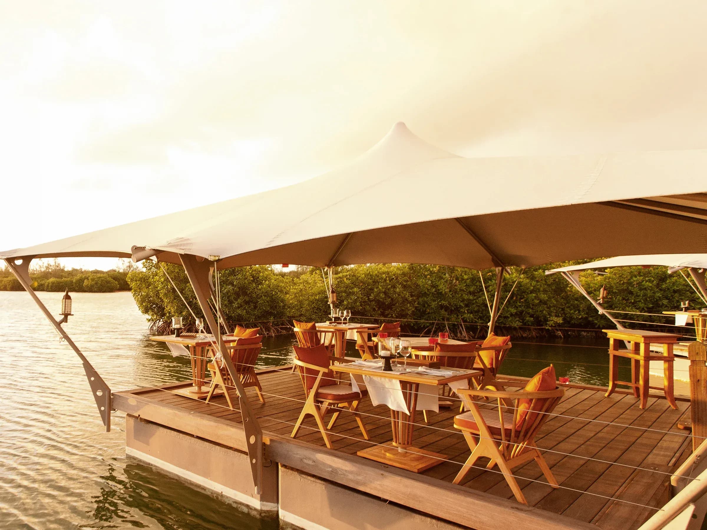 Le Barachois floating restaurant deck over the mangroves at Constance Prince Maurice