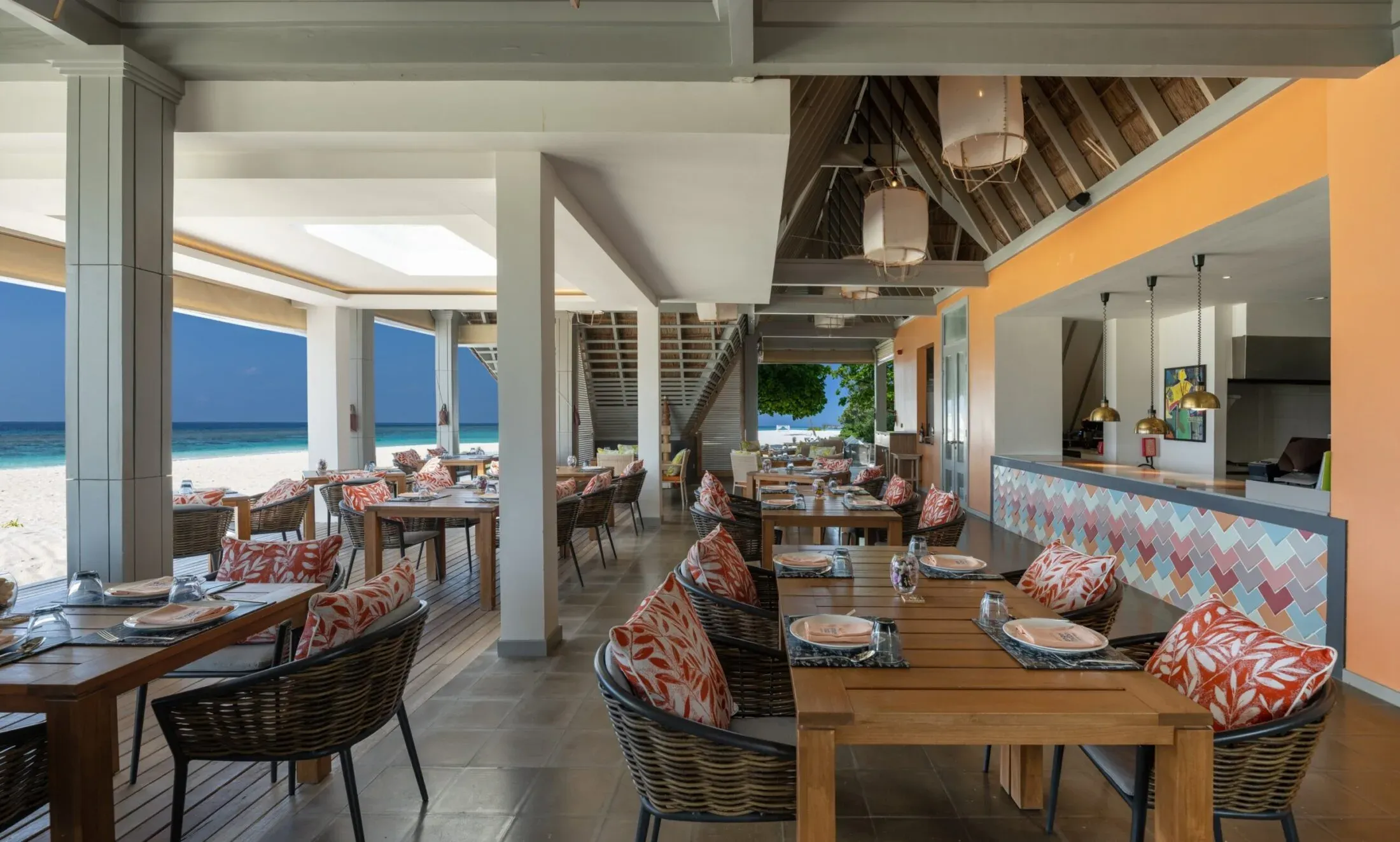 Ginger Moon restaurant open kitchen and dining room at Cora Cora Maldives