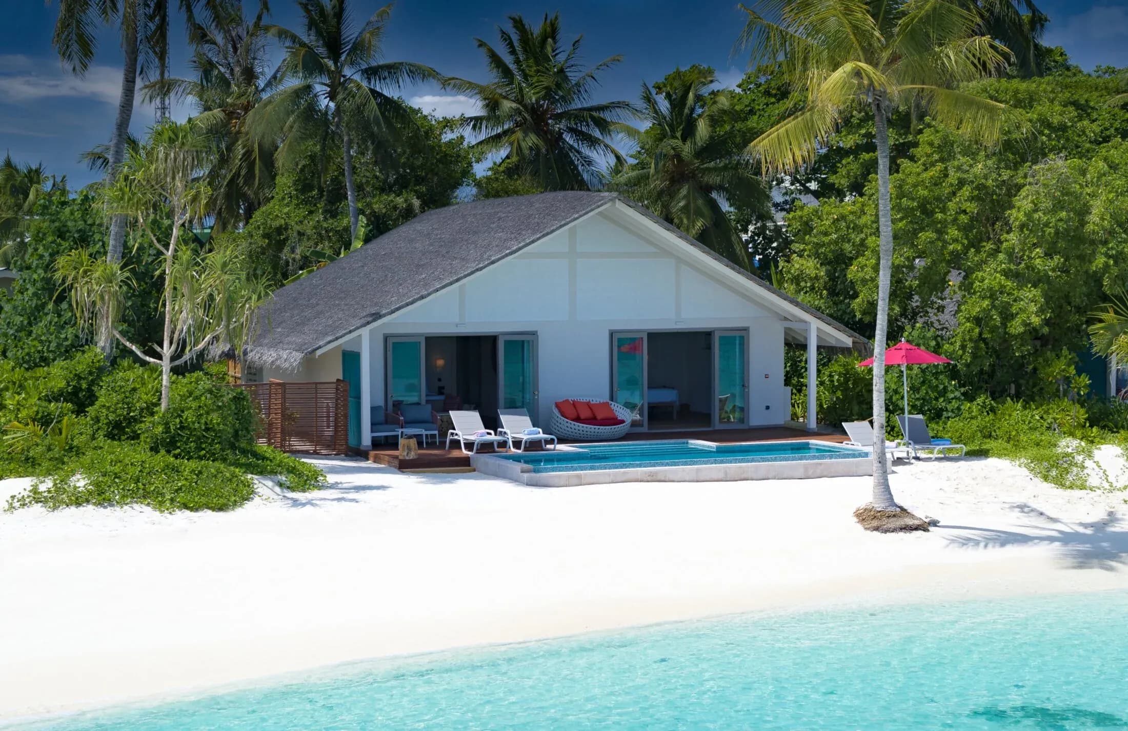 Two Bedroom Family Beach Pool Villa facade at Cora Cora Maldives