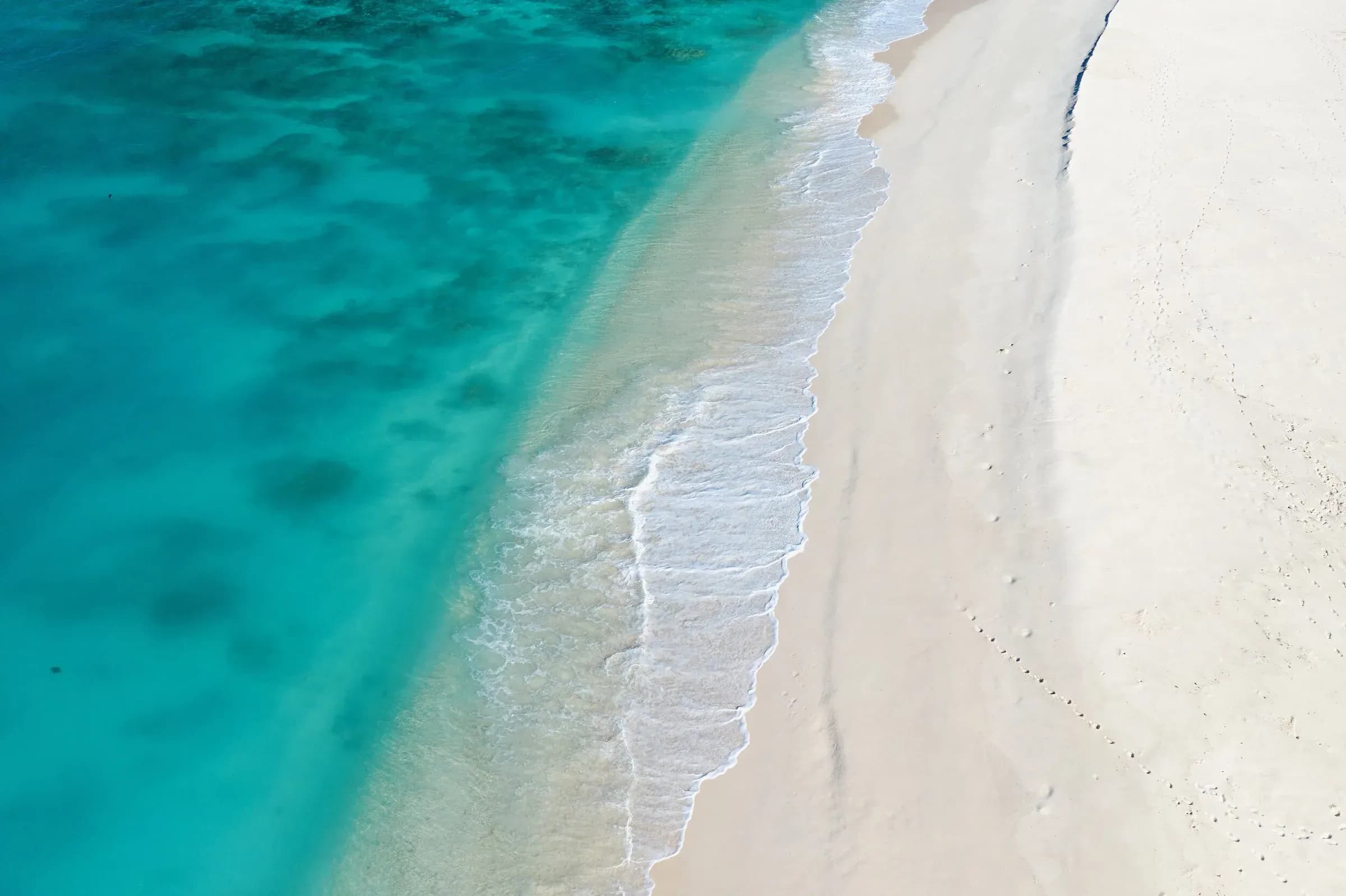 Aerial close-up of the turquoise shallows and white sand beach on Cousine Island, Seychelles