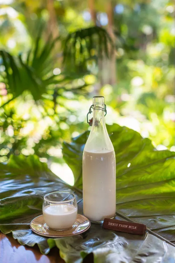Fresh milk from the working farm at Denis Private Island, bottled for the resort kitchen