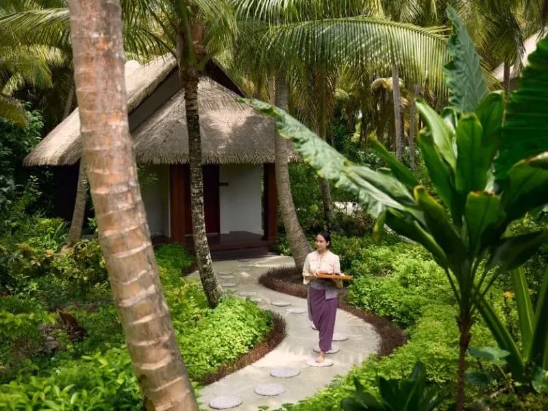 Devarana Wellness treatment pavilion among palm trees at Dusit Thani Maldives