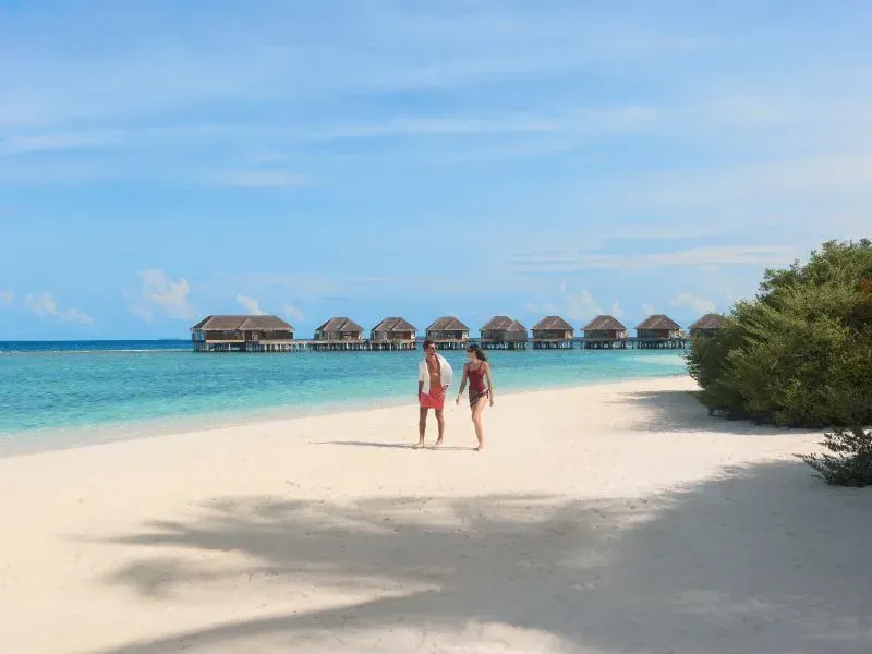 Couple relaxing on the beach with lagoon views at Dusit Thani Maldives