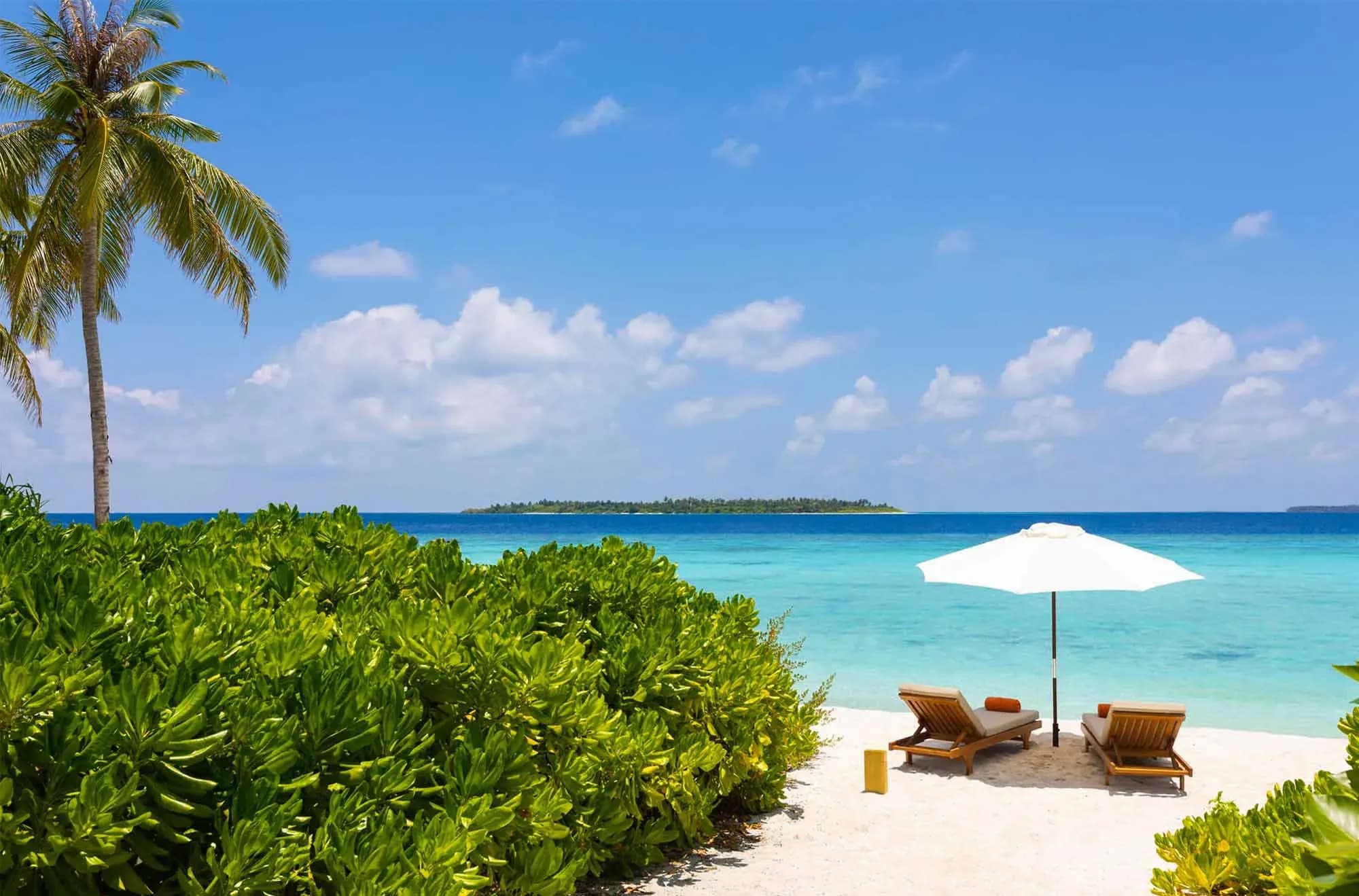 Beach Villa deck framed by palms overlooking the lagoon at Emerald Faarufushi Resort & Spa