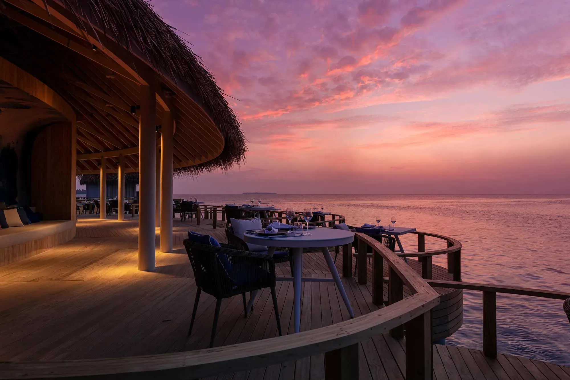 Mediterraneo overwater restaurant at sunset, Emerald Faarufushi Resort & Spa