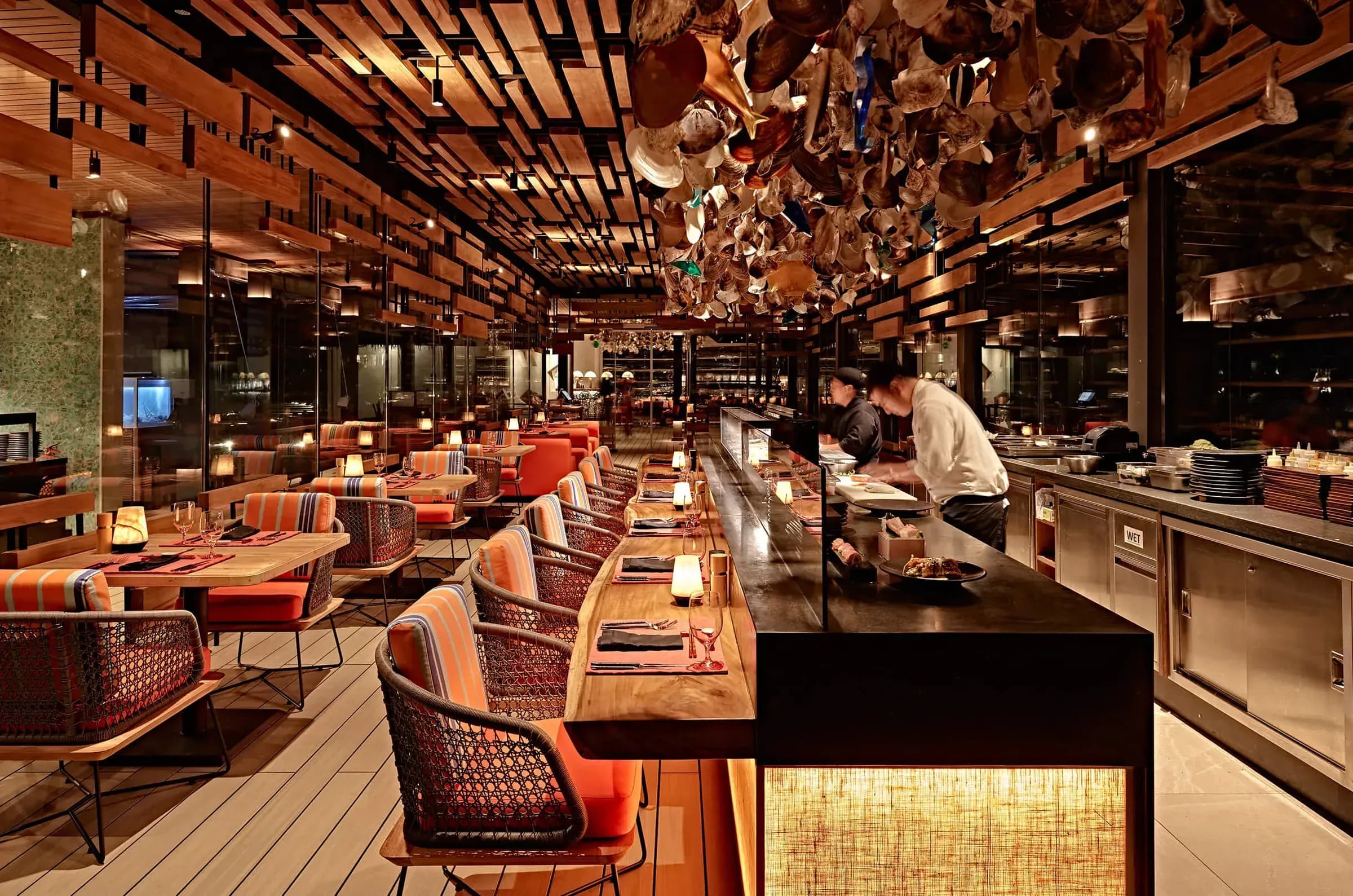 Sushi counter and dining room at Kanusan, Finolhu Maldives' overwater Japanese restaurant