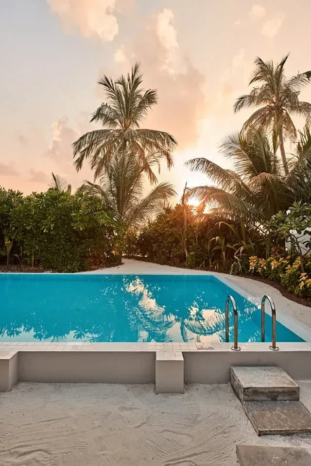 Private pool and beach access at sunset, Two Bedroom Beach Villa with Pool, Finolhu Maldives