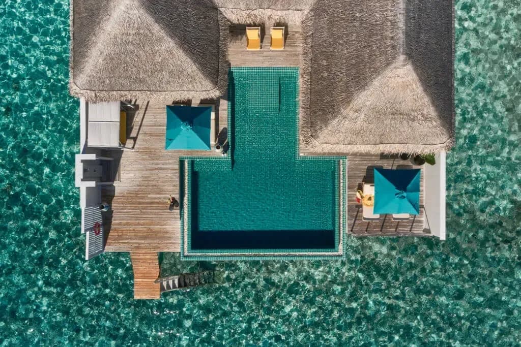 Drone view of the Two Bedroom Water Villa with Pool at Finolhu Maldives