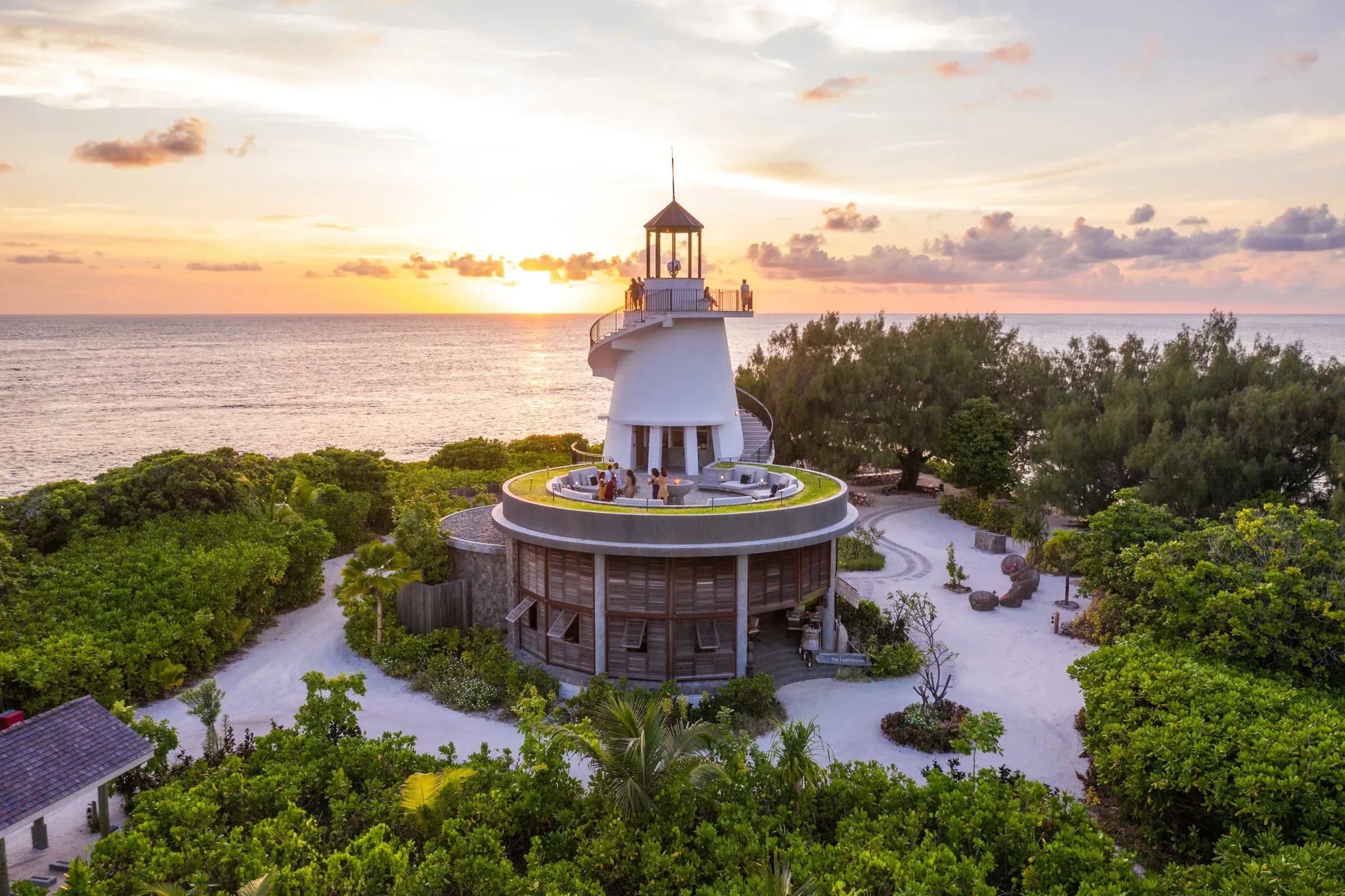 The Lighthouse restaurant building at sunset at Four Seasons Resort Seychelles at Desroches Island