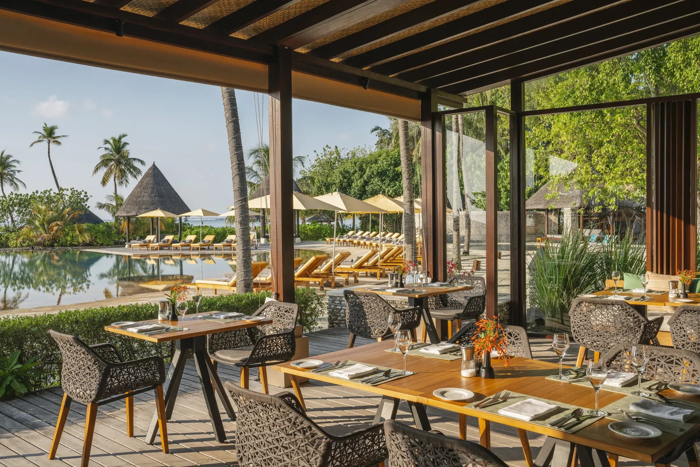 Café Huraa dining terrace at Four Seasons Resort Maldives at Kuda Huraa