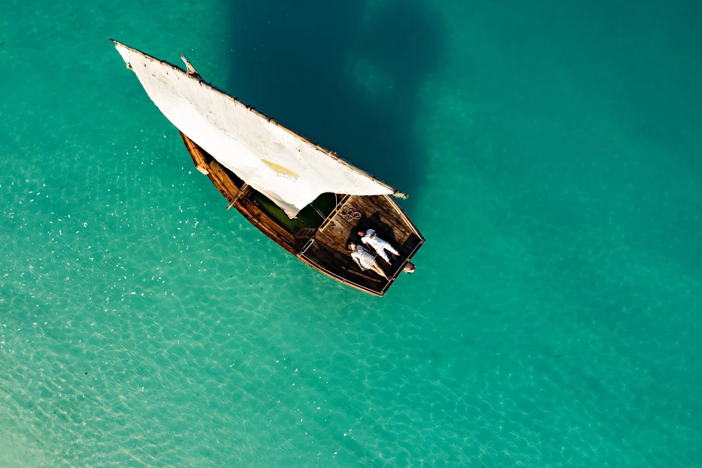 Aerial view of a traditional dhow sailing boat used for excursions from Gold Zanzibar