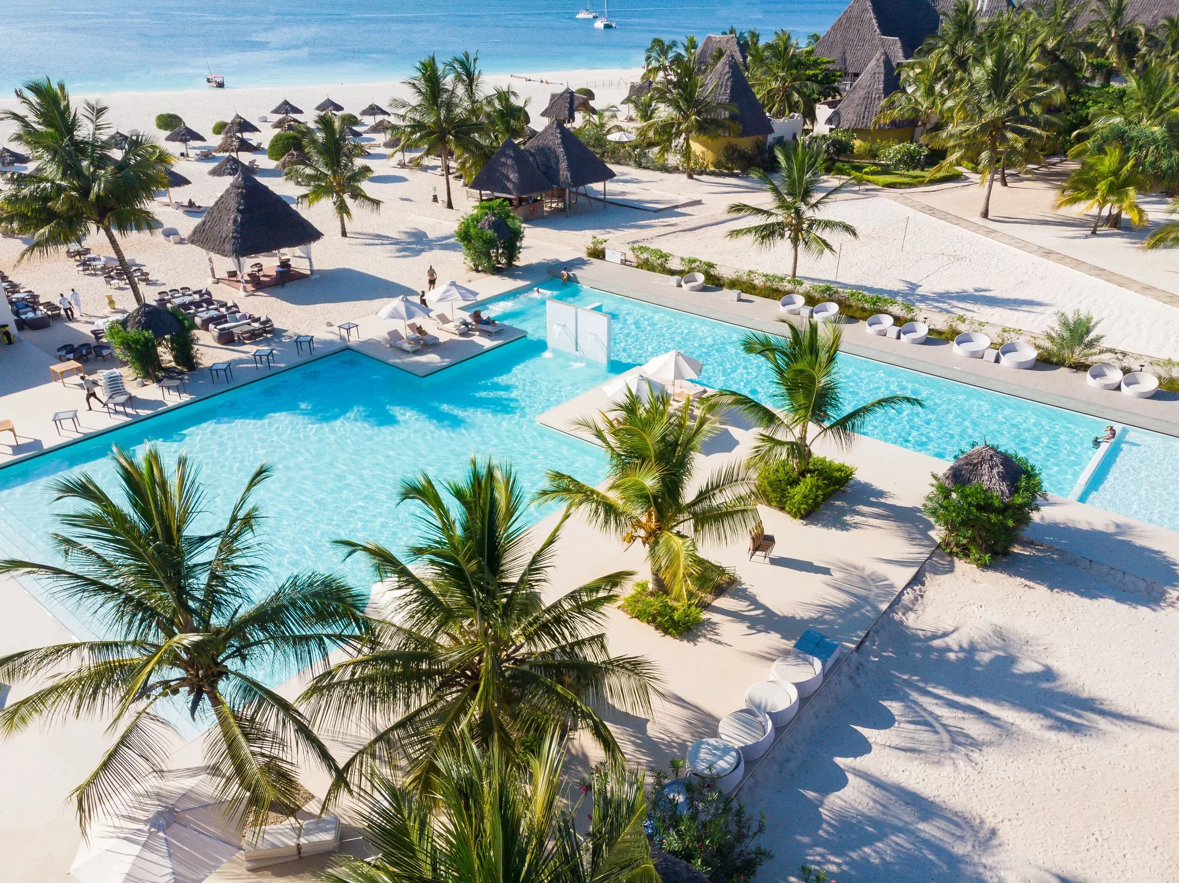 Aerial view of Gold Zanzibar Beach House & Spa's pool and gardens beside Kendwa beach