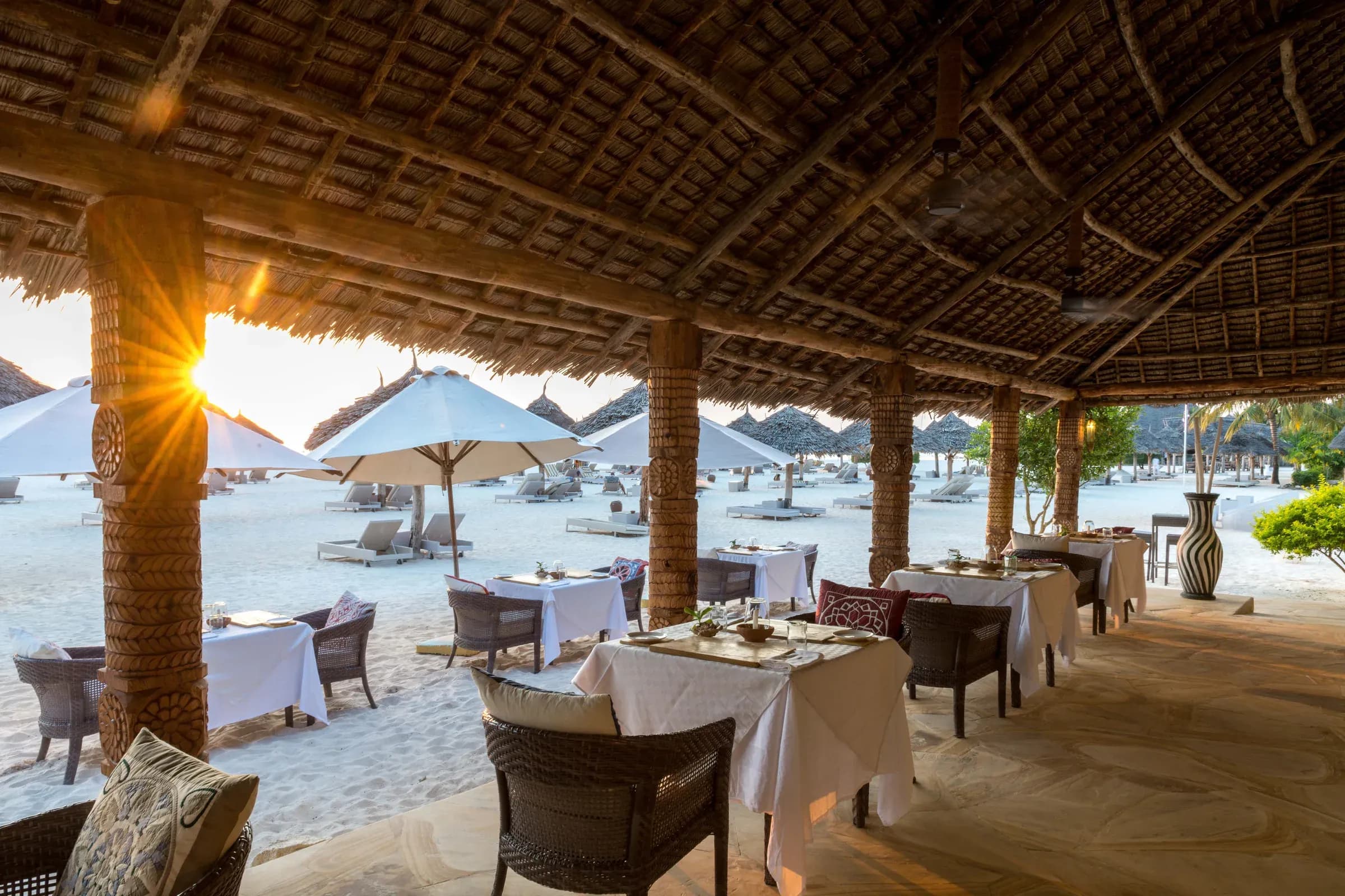 Beachfront dining terrace at sunset, Gold Restaurant, Gold Zanzibar Beach House & Spa