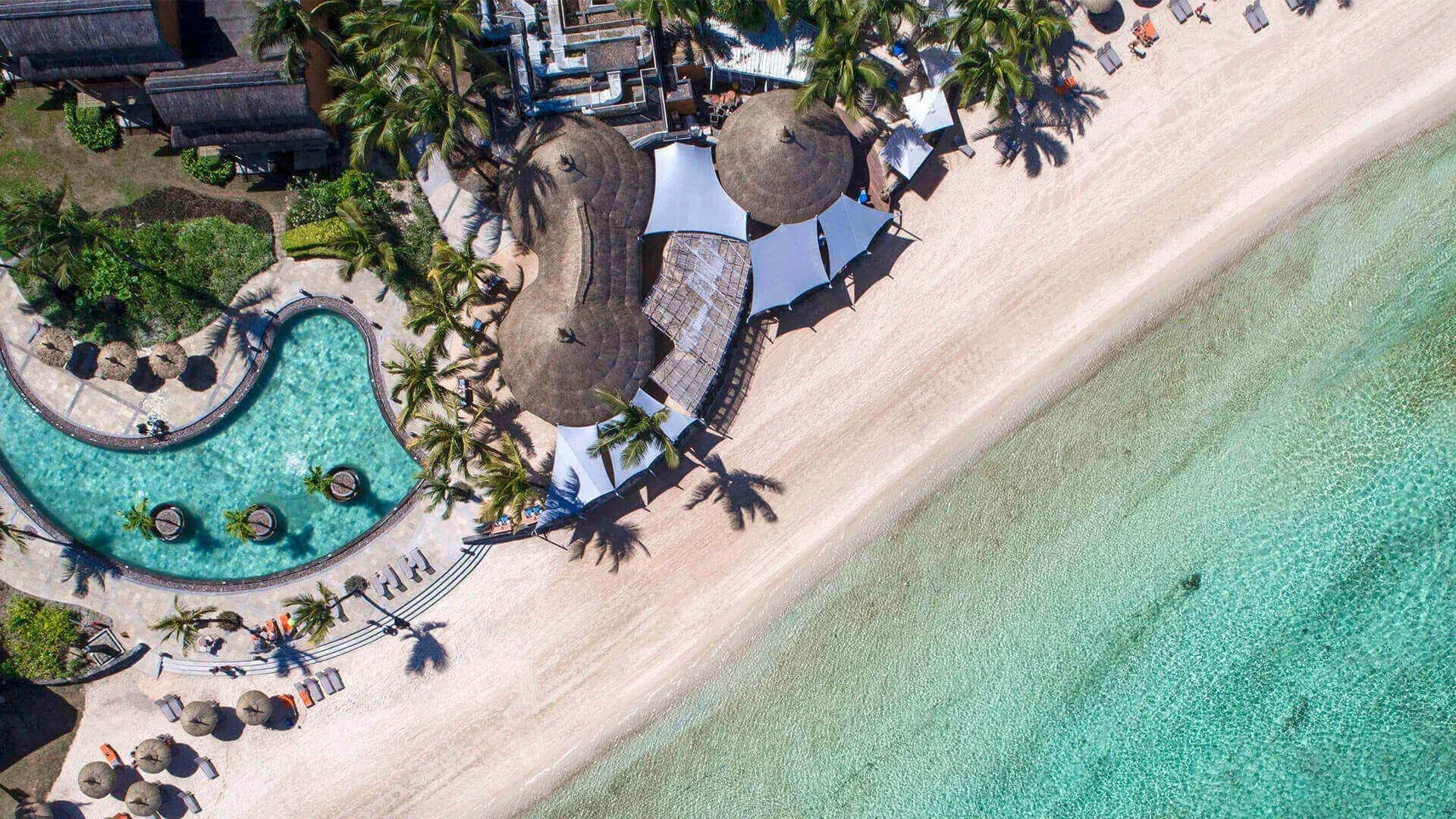 Aerial view of Heritage Awali Golf & Spa Resort's beachfront gardens at Bel Ombre, Mauritius