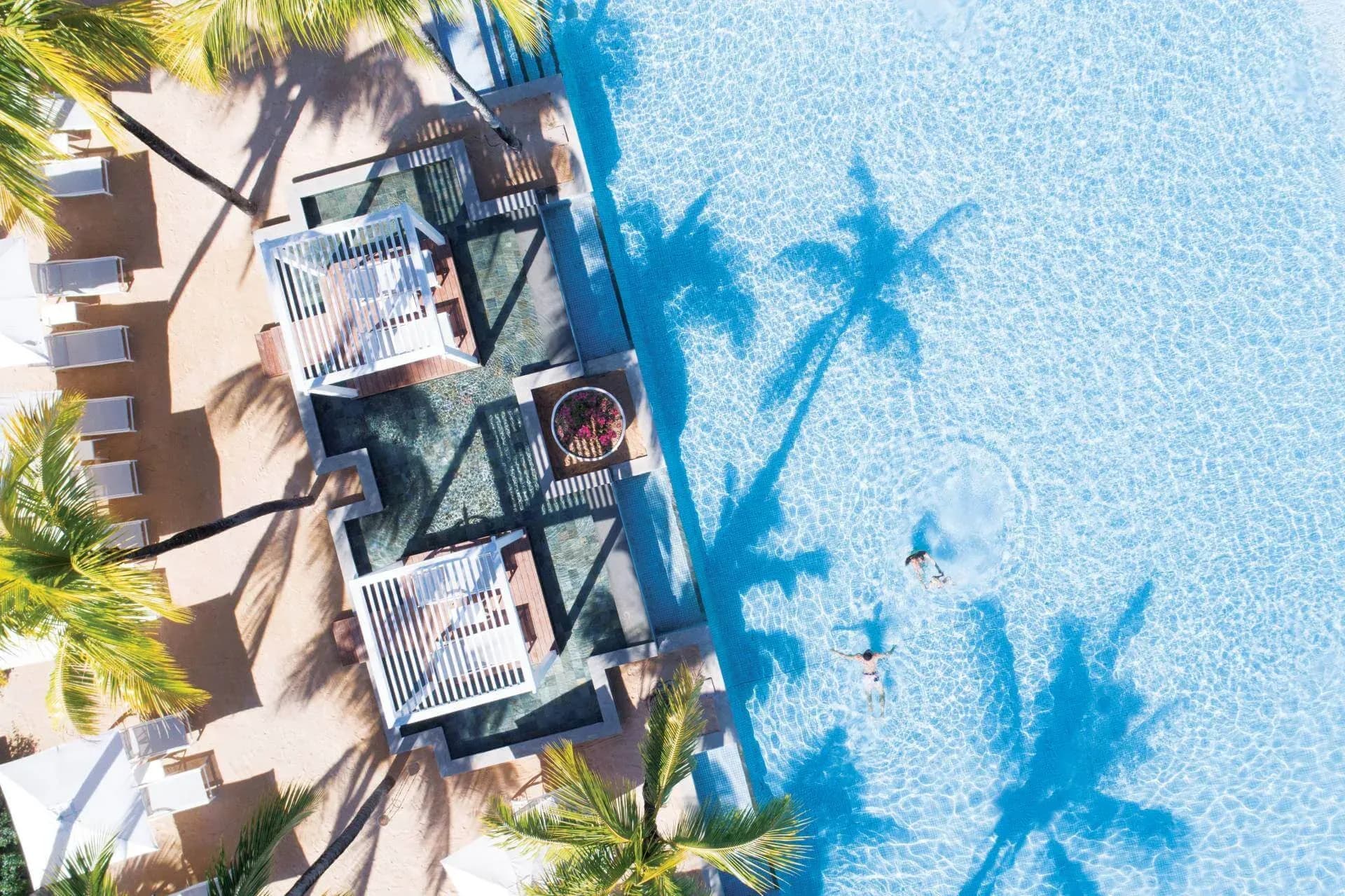 Aerial view of the pool and grounds at Heritage Le Telfair, Bel Ombre, Mauritius