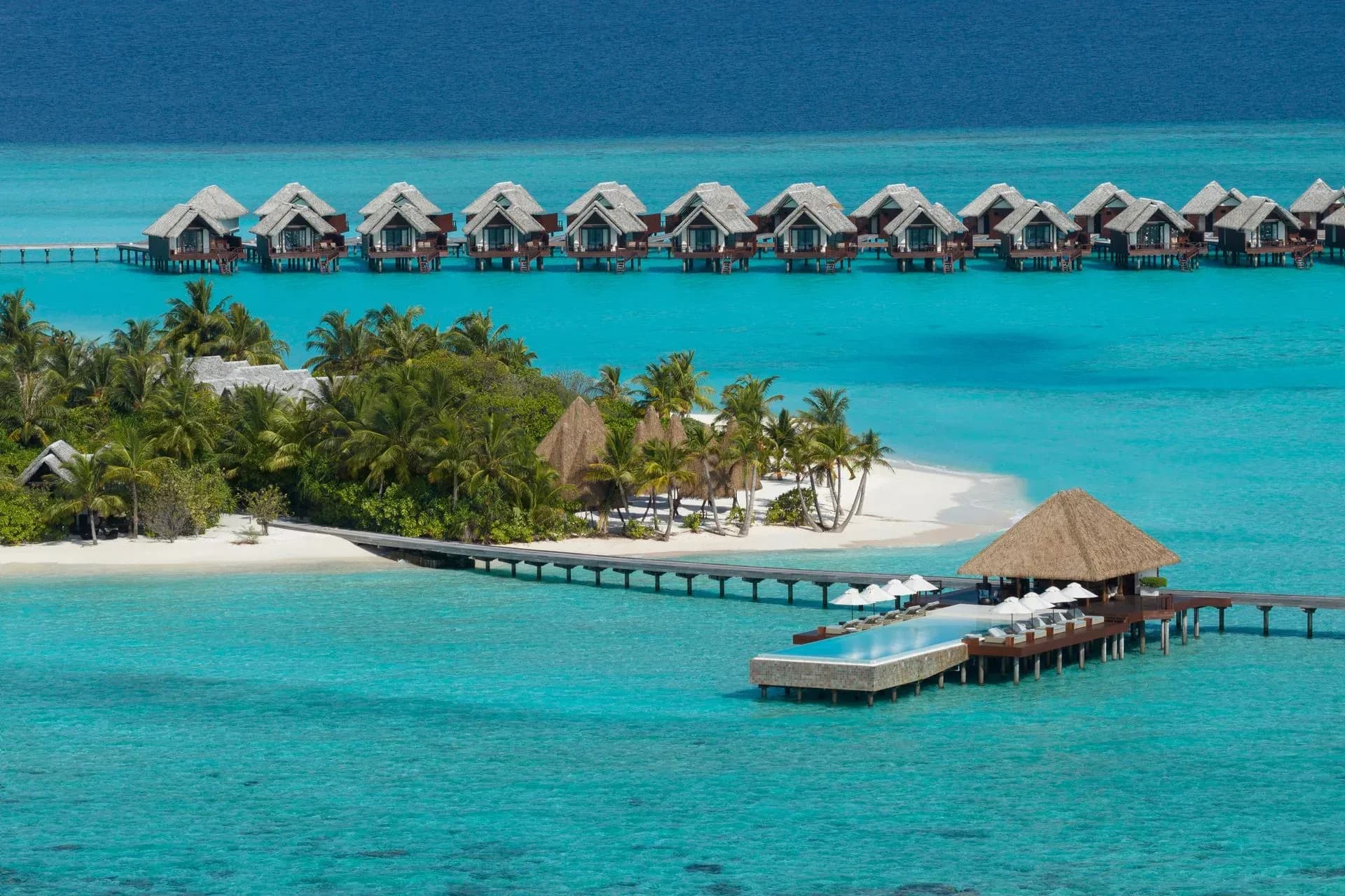 Aerial view of Heritance Aarah's beach villas, jetties and lagoon