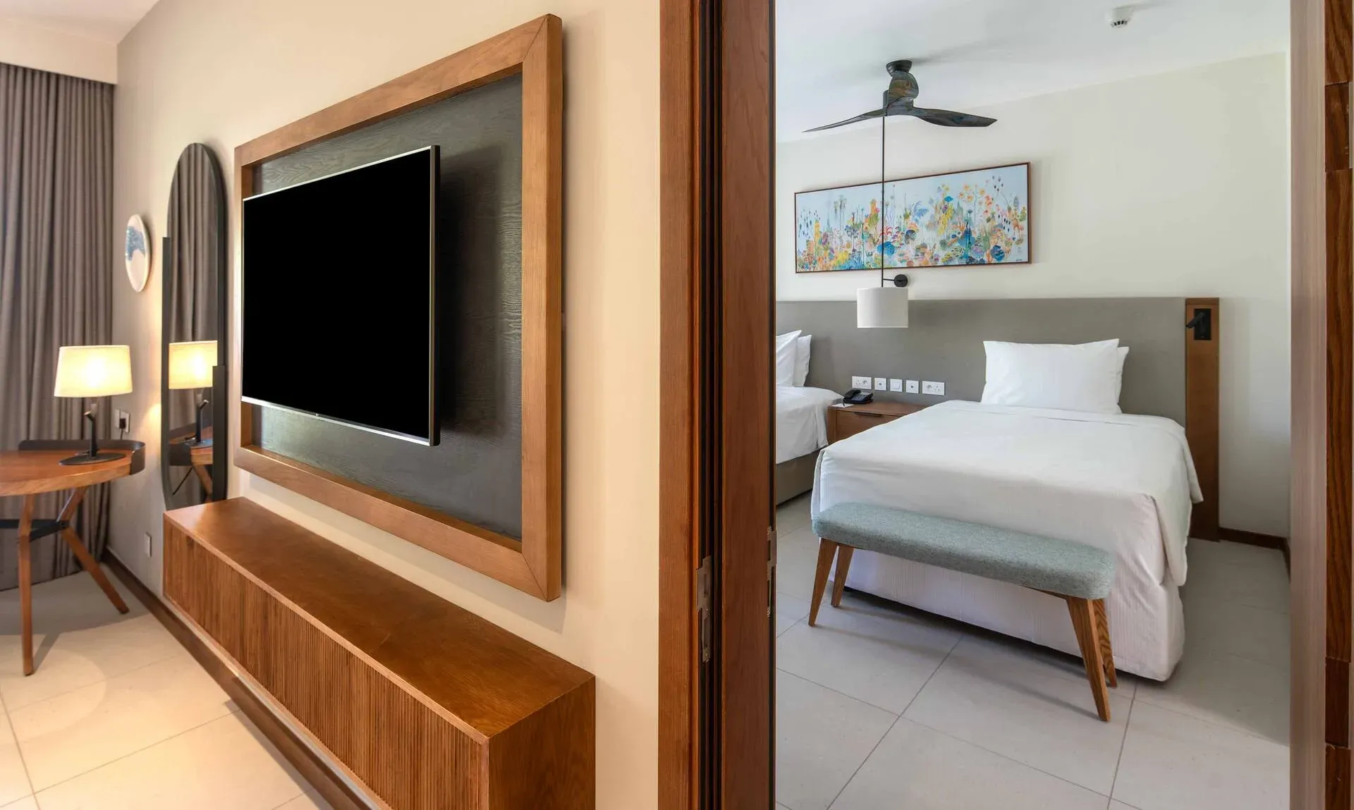 Connecting Deluxe Room combining twin and king rooms at Hilton Mauritius Resort & Spa