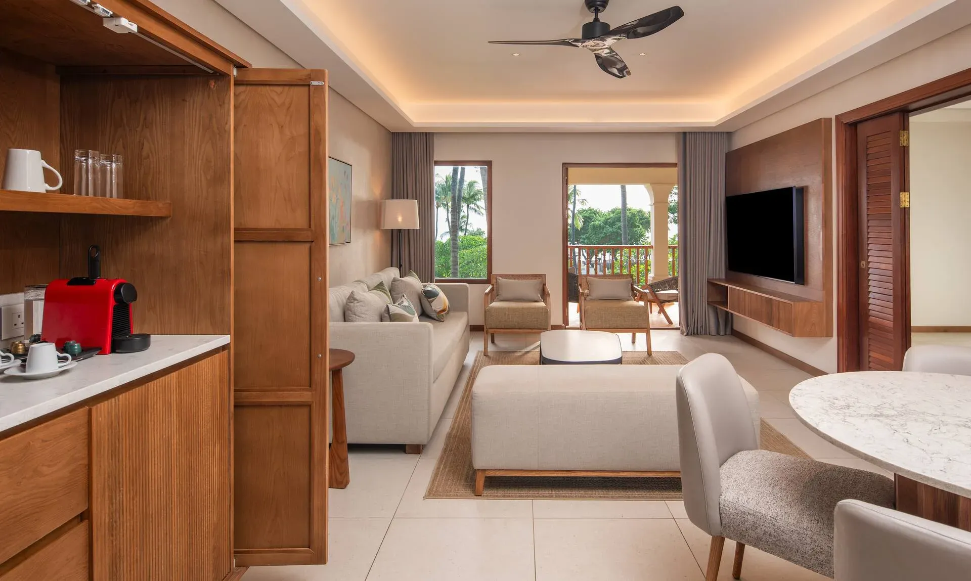 Family Suite interior at dusk at Hilton Mauritius Resort & Spa