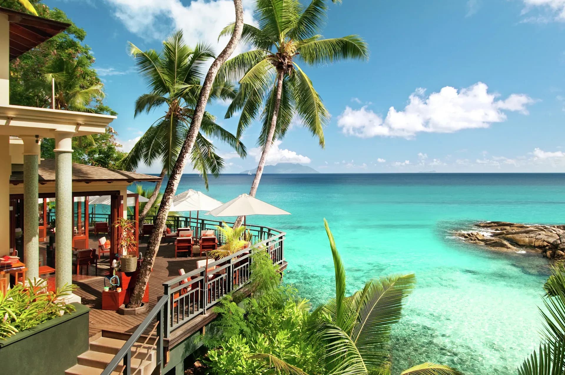 Ocean View Bar terrace overlooking the Indian Ocean at Hilton Seychelles Northolme