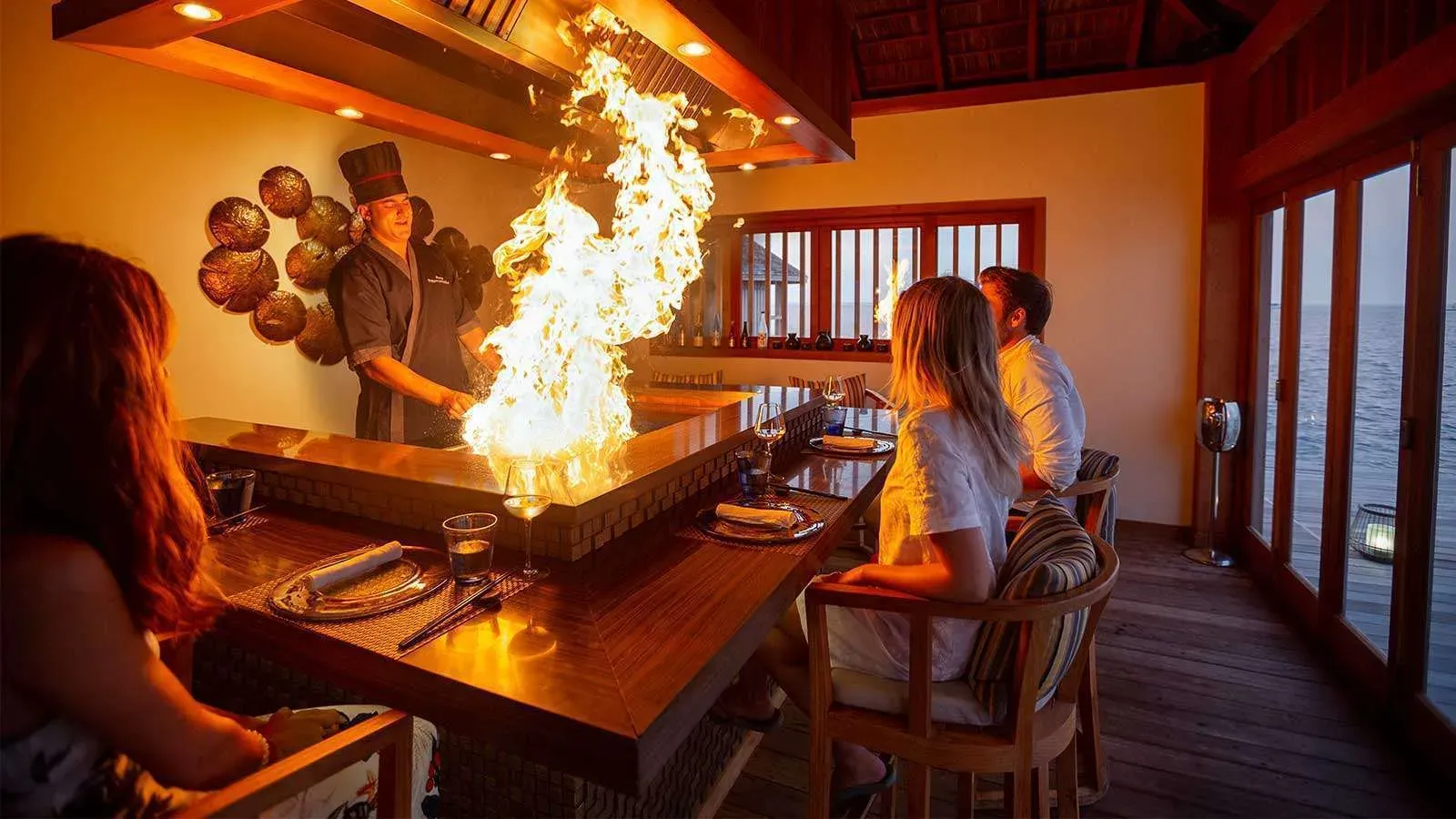 Teppanyaki cooking at Kashibo Restaurant and Bar, Hurawalhi Island Resort