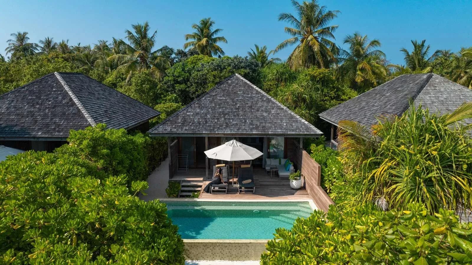 Beach Pool Villa exterior with private pool at Hurawalhi Island Resort