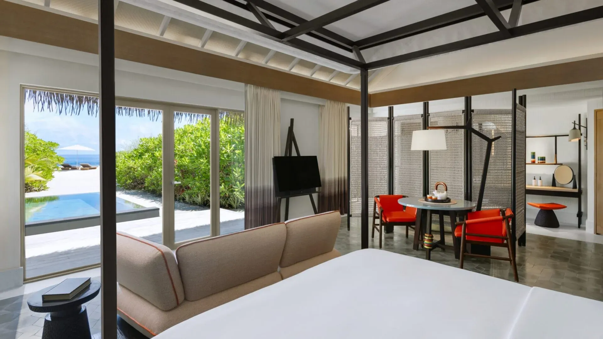Beach Pool Villa master bedroom at InterContinental Maldives Maamunagau Resort