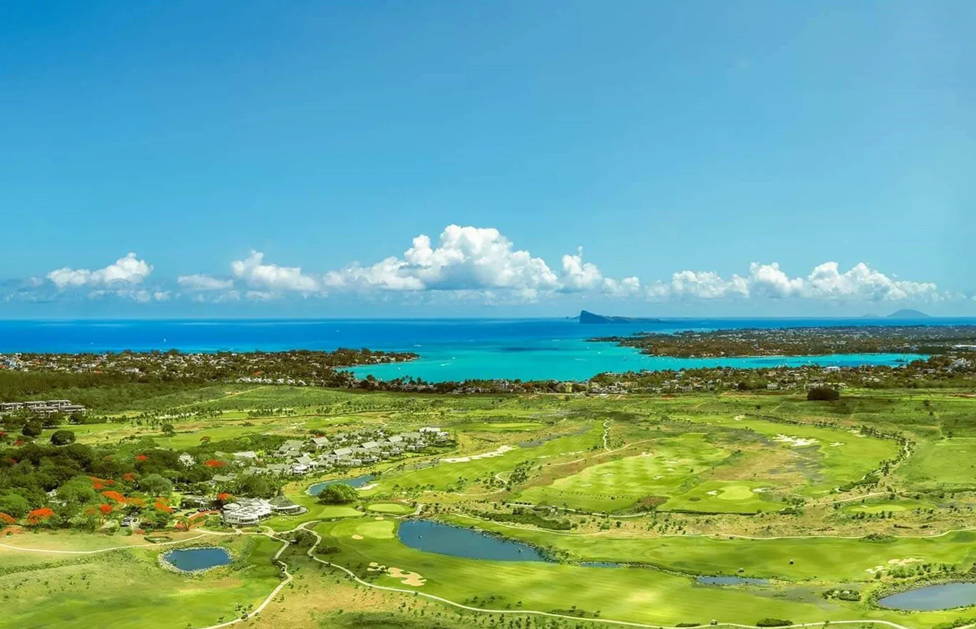 Aerial view of Mont Choisy Le Golf course beside InterContinental Mauritius Resort Balaclava Fort