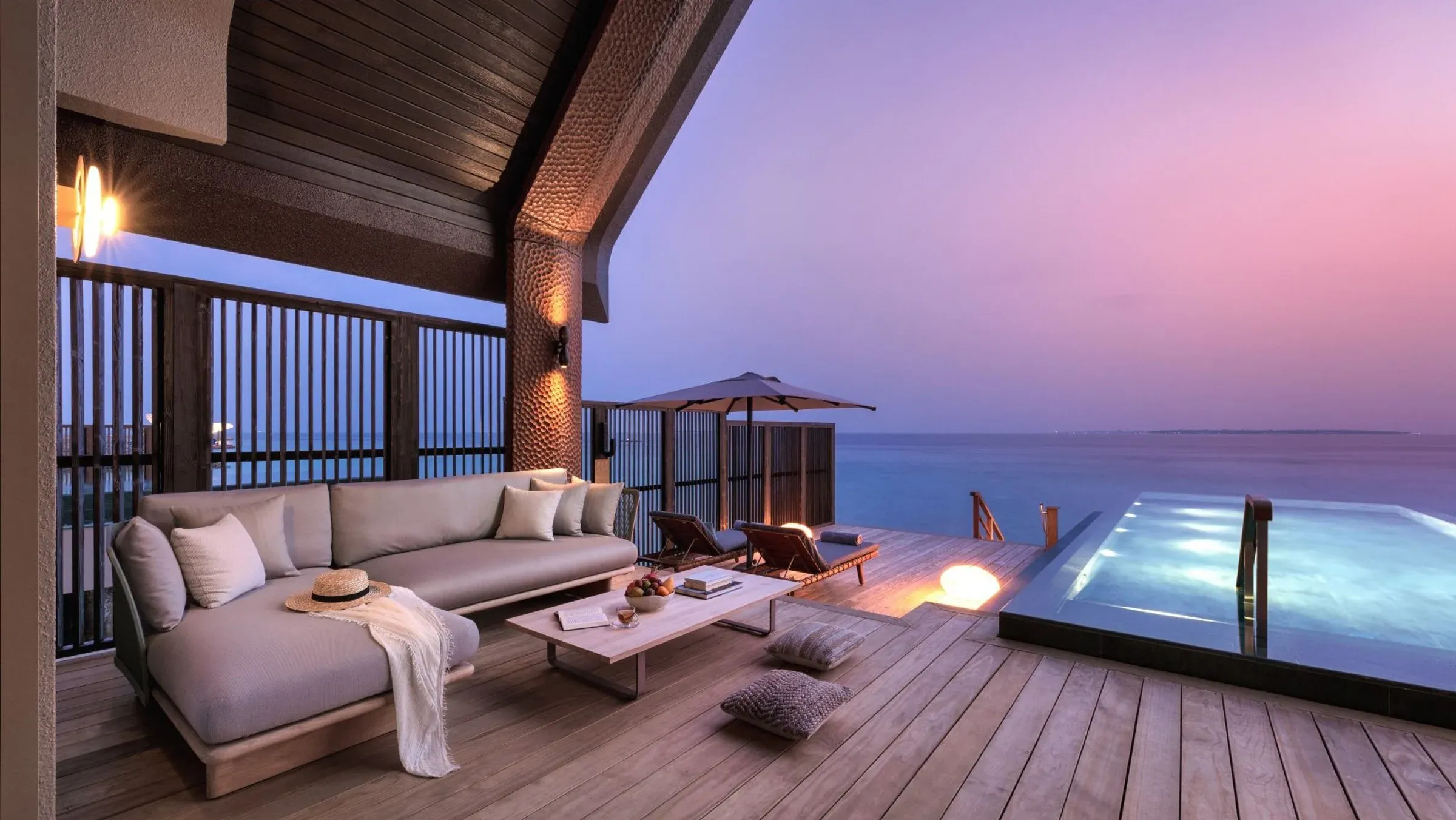 Ocean Pool Villa terrace and infinity pool at dusk, JOALI BEING