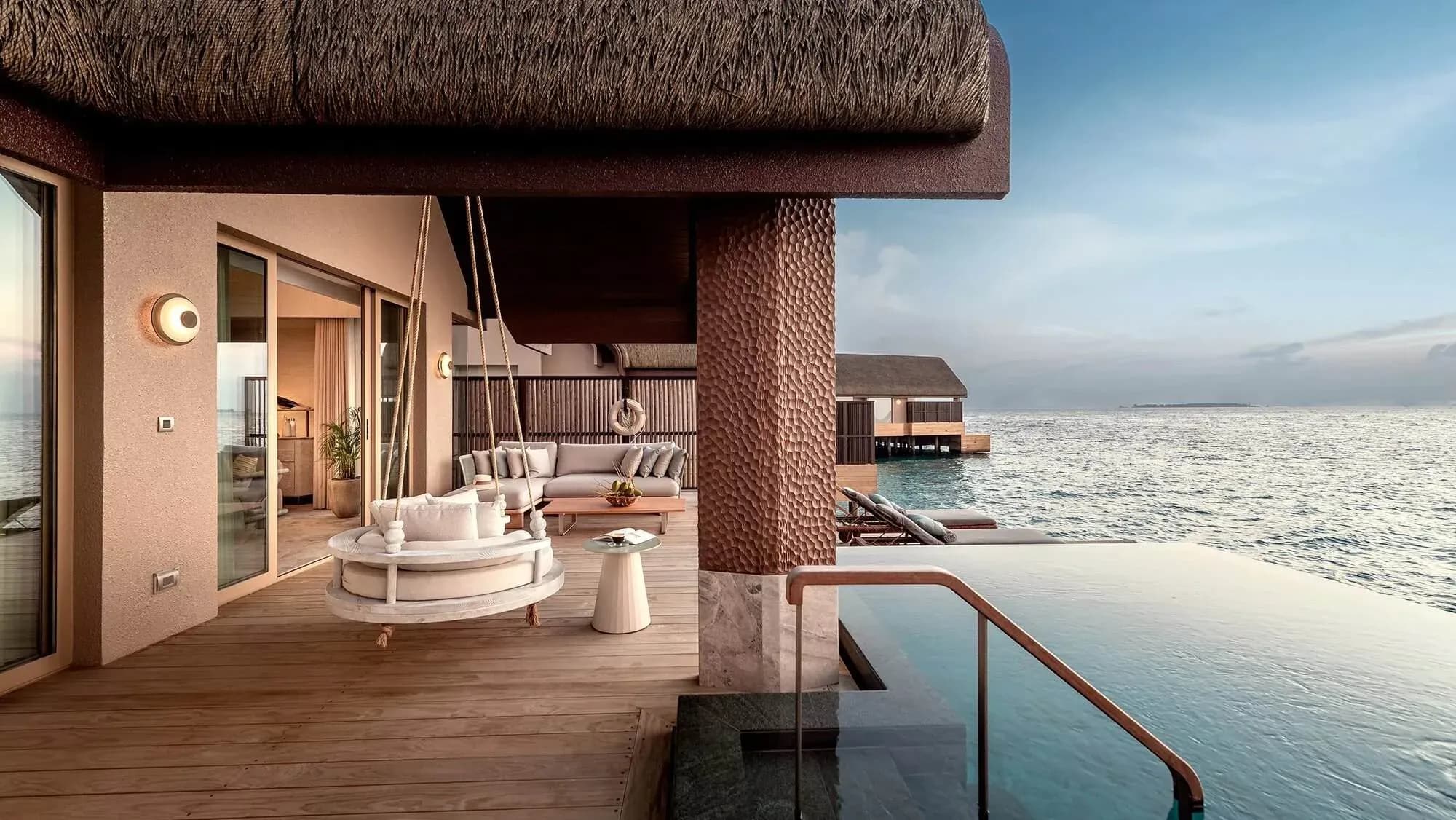 Sunset Grand Ocean Pool Villa sundeck at golden hour, JOALI BEING