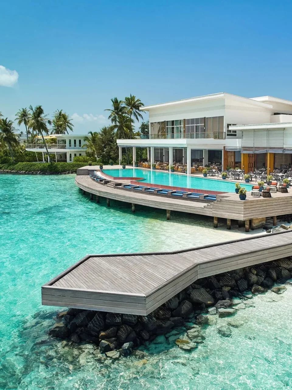 Poolside terrace dining at Glow restaurant, Jumeirah Olhahali Island