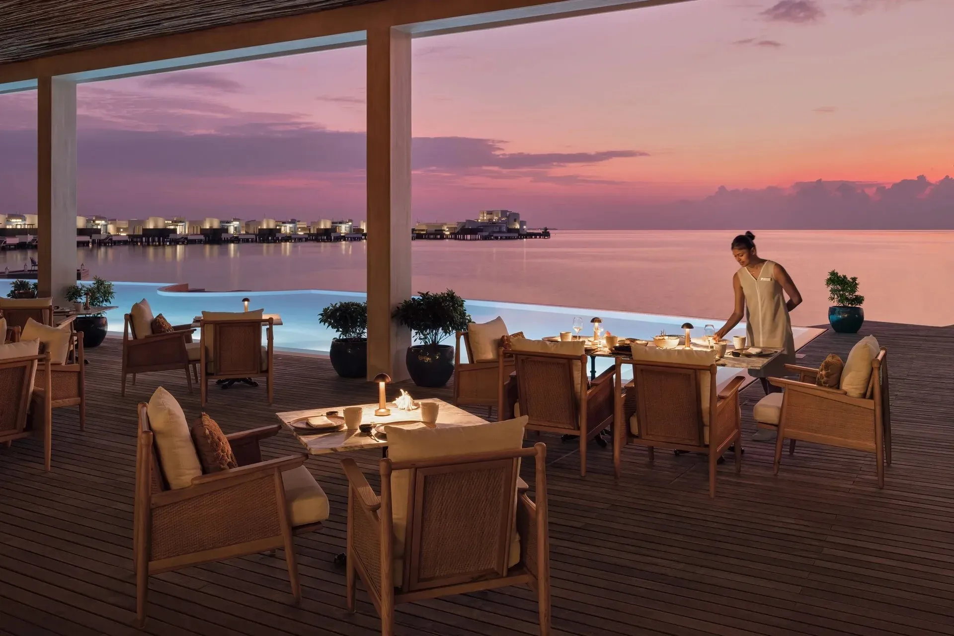 Interior dining setting at Kayto, the Nikkei restaurant at Jumeirah Olhahali Island