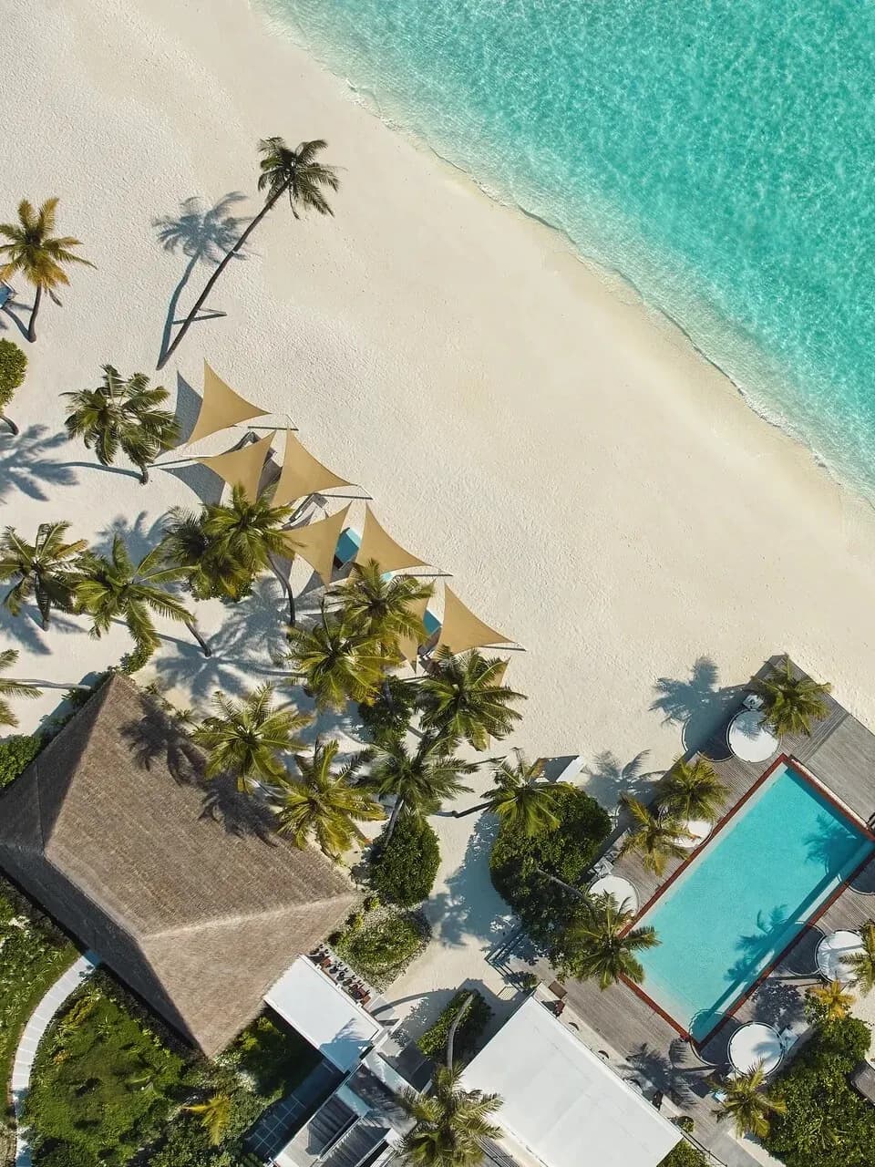 Aerial view of Shimmers beach club restaurant at Jumeirah Olhahali Island