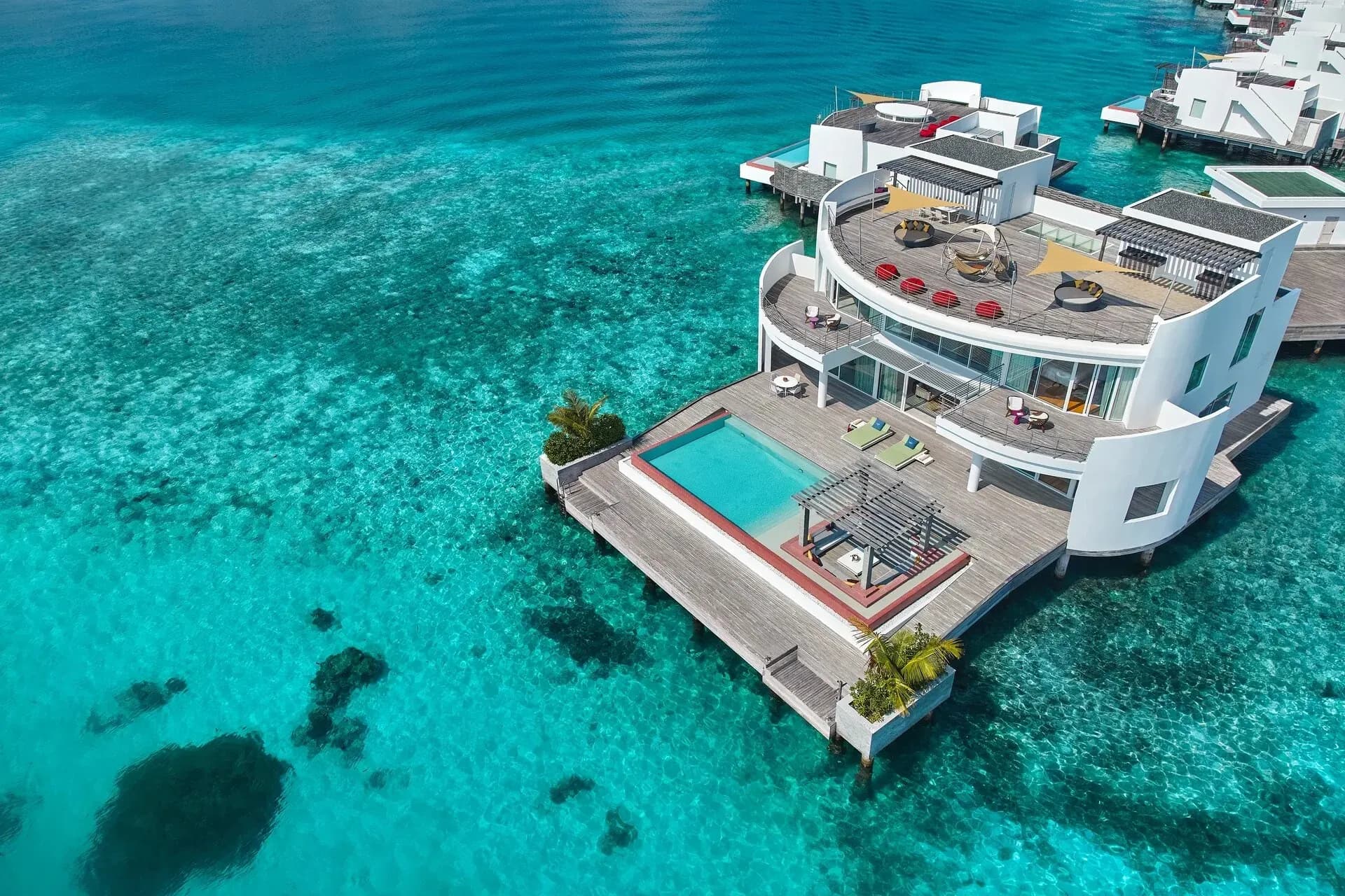 Aerial view of the Three Bedroom Sunset Water Retreat with Pool at Jumeirah Olhahali Island