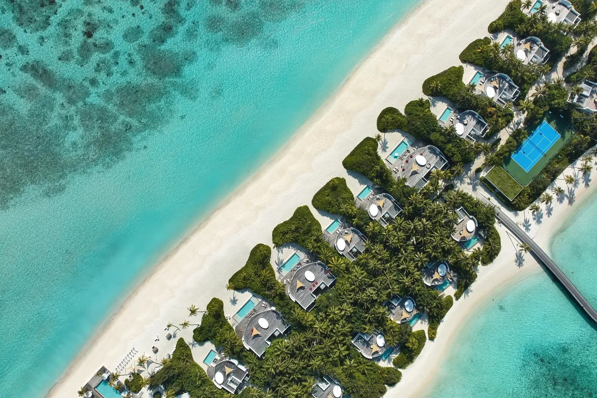 Aerial view of the Two Bedroom Sunset Beach Residence with Pool at Jumeirah Olhahali Island